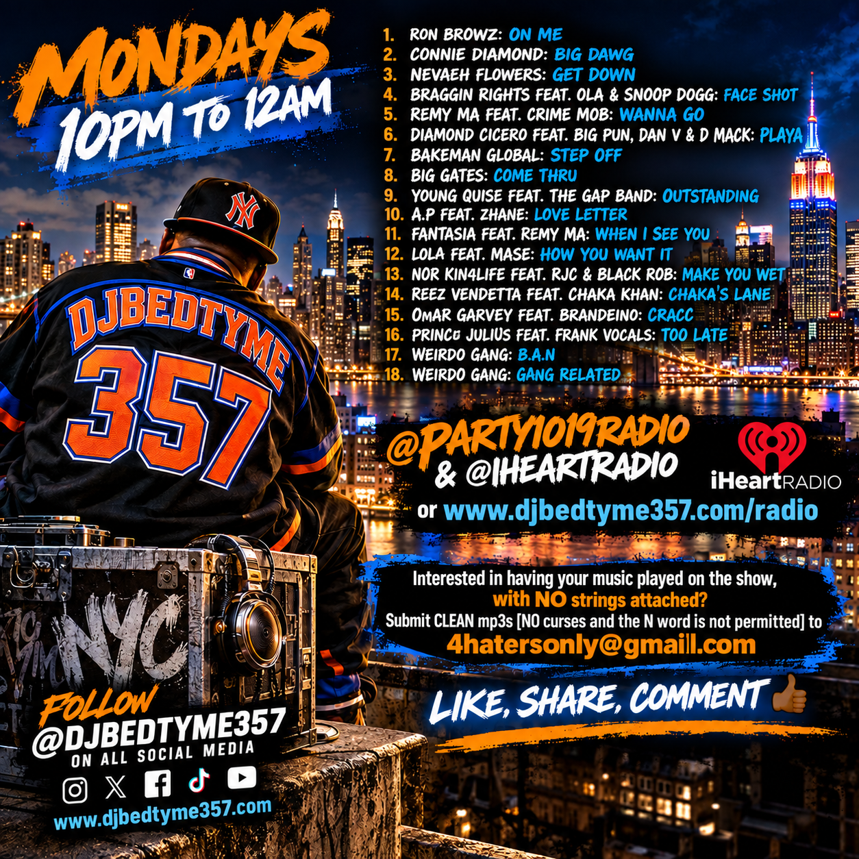Nighttime city skyline with lit-up buildings and Empire State Building, a person with a NY Yankees jacket and cap sitting on a ledge in the foreground, a DJ with equipment nearby, promotional text for a radio show with song list, social media info, and email contact, featuring bold orange, blue, and white text.