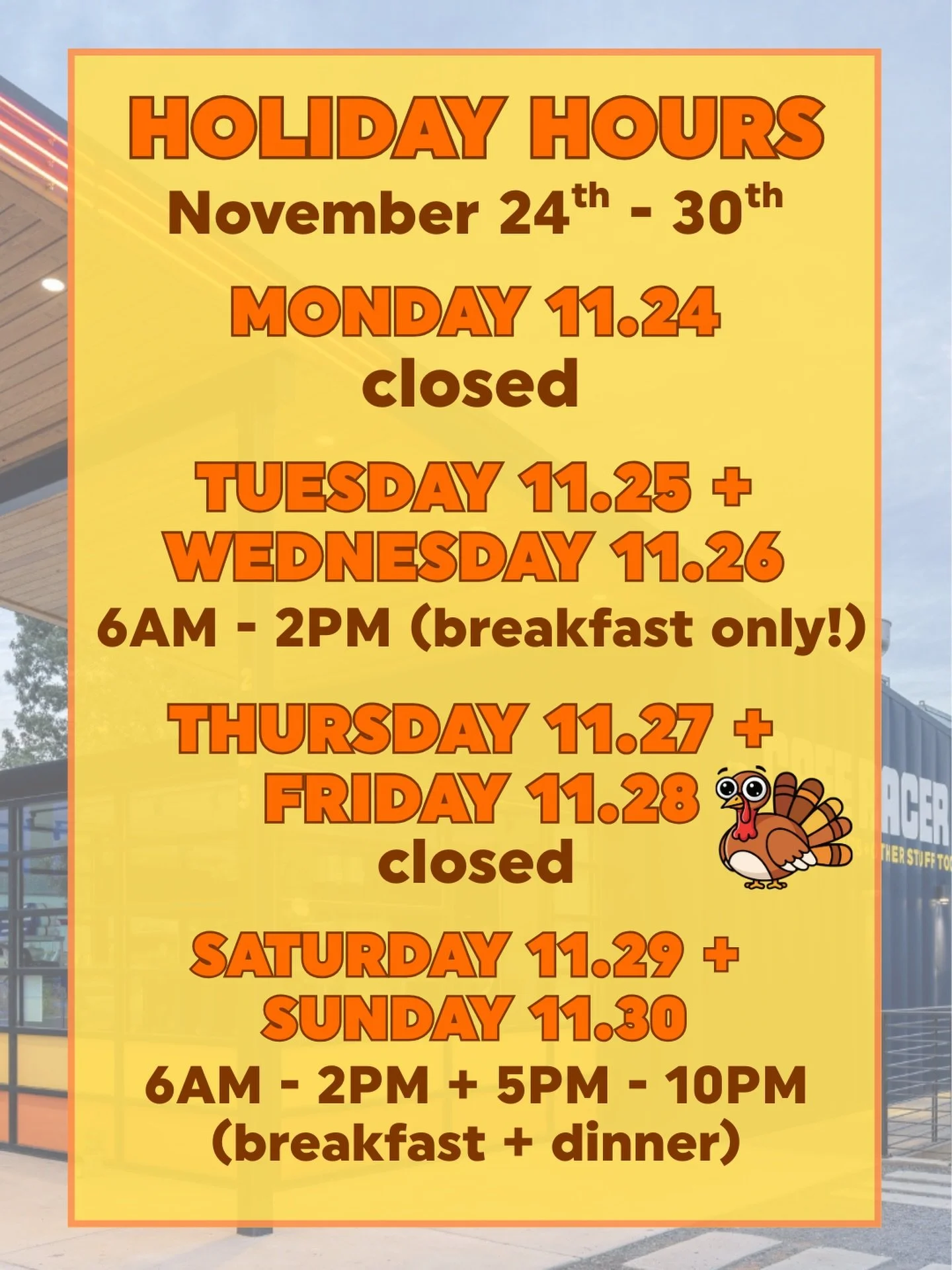 Holiday hours for this week just dropped ⚡️ we&rsquo;re slinging breakfast ✨ only ✨ tomorrow (11.25) + Wednesday 11.26 (it&rsquo;s the Midweek Tweak y&rsquo;all!!!!). We&rsquo;re closing up shop Thursday 11.27 + Friday 11.28 for general holiday shena