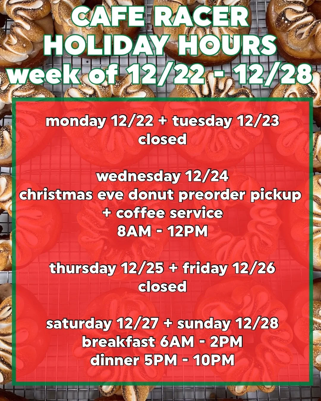 CHECK IT OUT: our hours from now &lsquo;til the end of the year 🤭

finding it very hard to believe 2025 is almost over!! we&rsquo;re coming up on 👴 8 years of Cafe Racer 👴 + we are so lucky to have u guys by our side ❤️

now go off and eat - drink