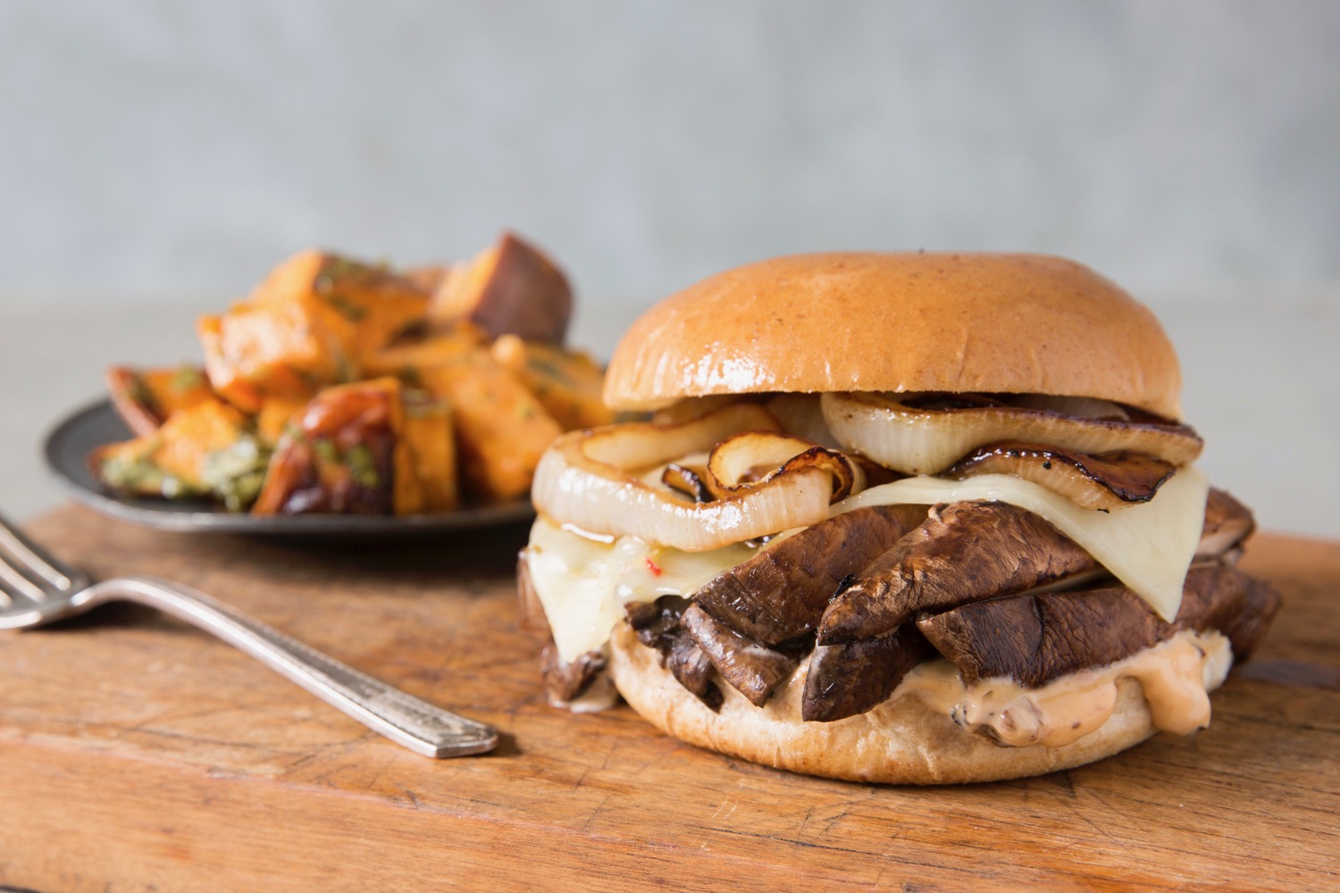 eMeals Grilled Mushroom Burger, Warm Sweet Potato Salad