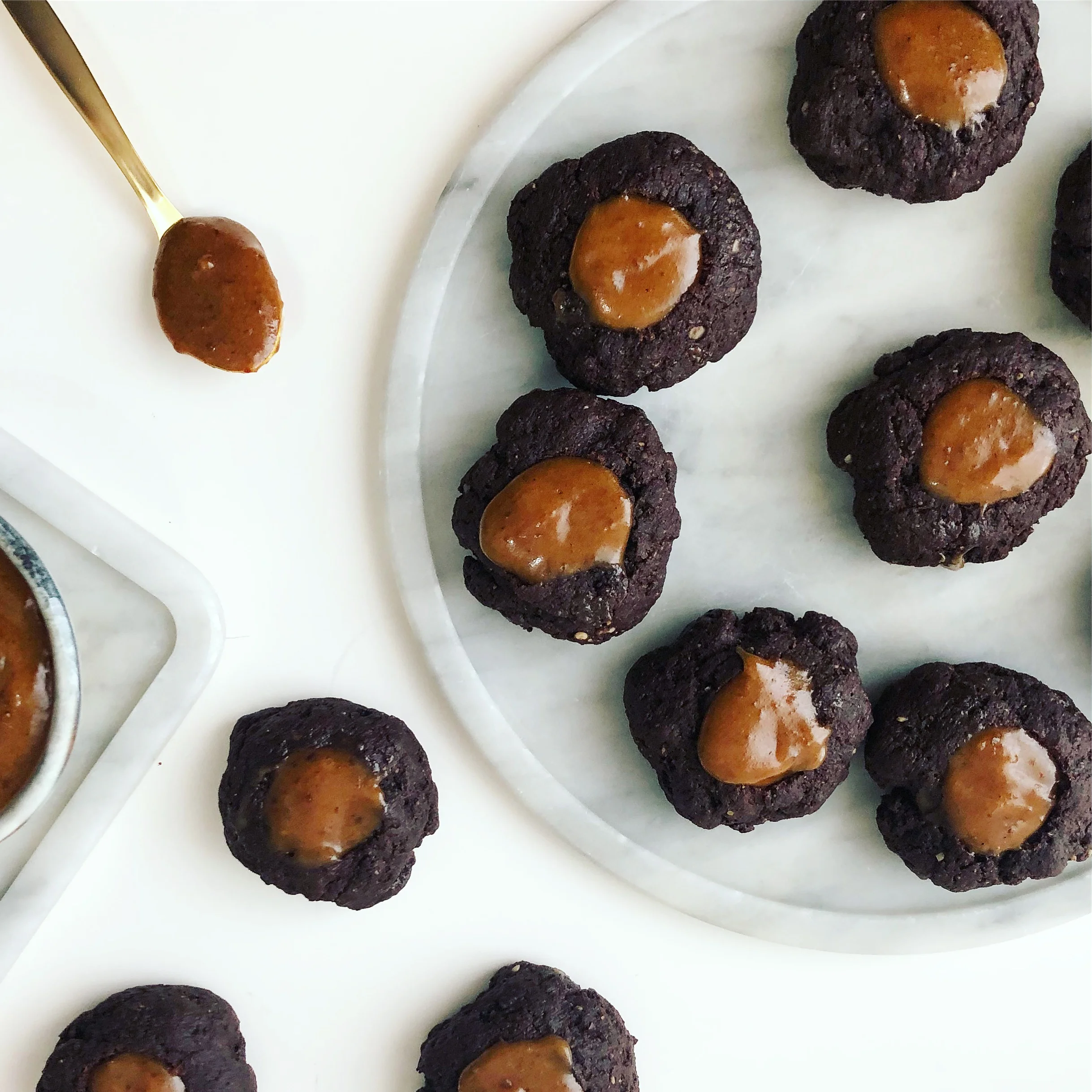Chocolate Caramel Thumbprint Cookies 