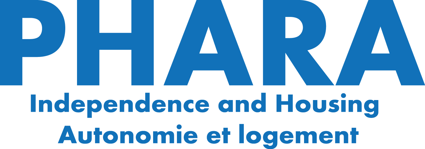Logo for PHARA, featuring the words "Independence and Housing" and "Autonomie et logement" in blue text.