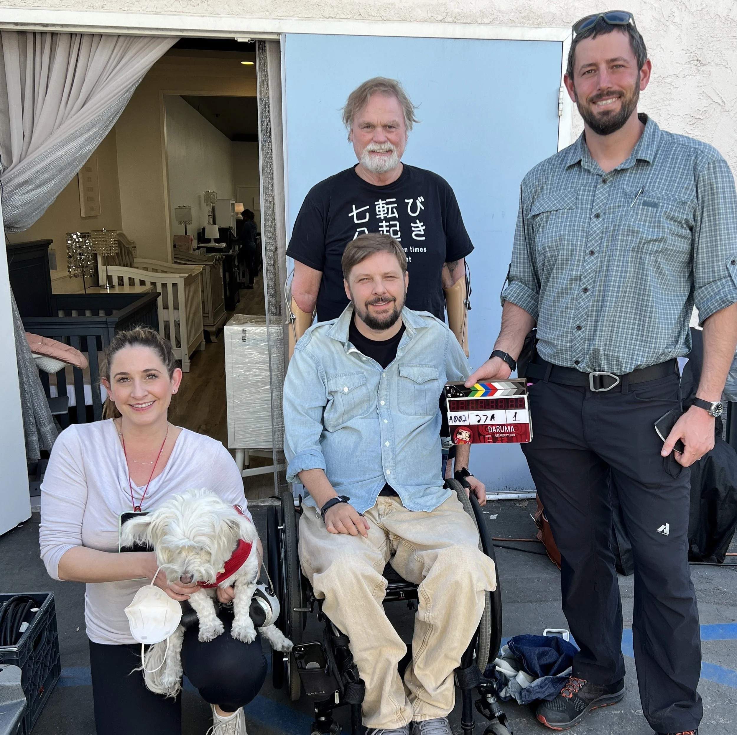 Day one of production on DARUMA. From left to right:  Kelli McNeil-Yellen (writer/producer), Bogie McYellen (wonder-pup); John W. Lawson (Robert); Tobias Forrest (Patrick); Alexander Yellen (Director / Cinematographer / Producer)