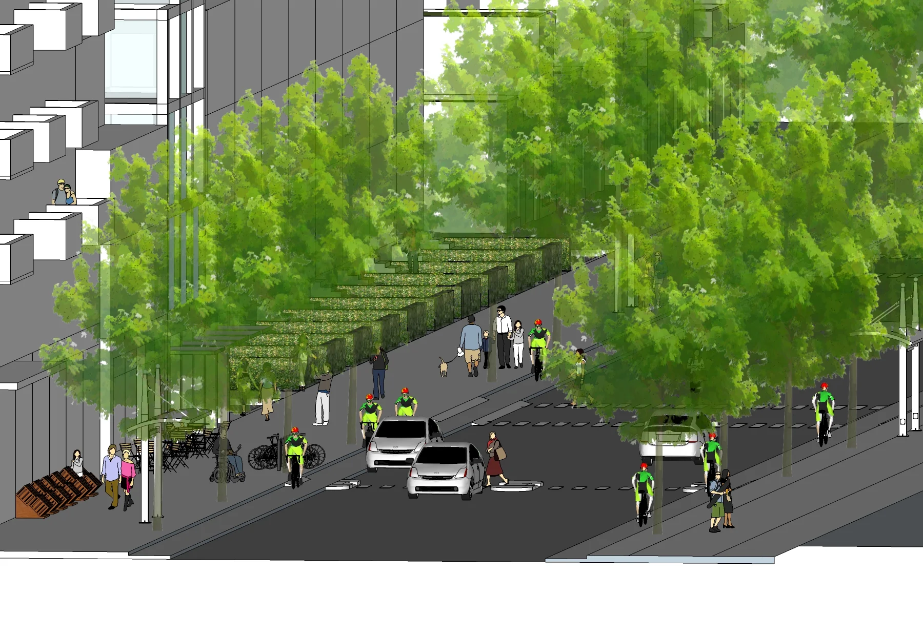 Grade separated bike lanes, mid block crossings and on street parking for the mixed use areas and main north-south routes.