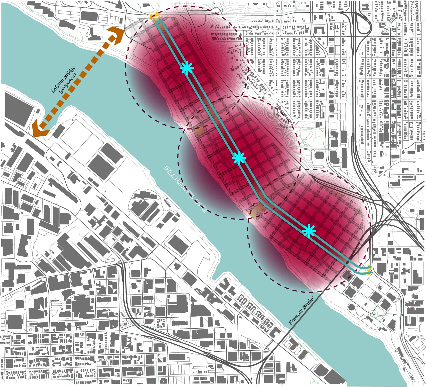 Light Rail and Stations with quarter mile catchment areas