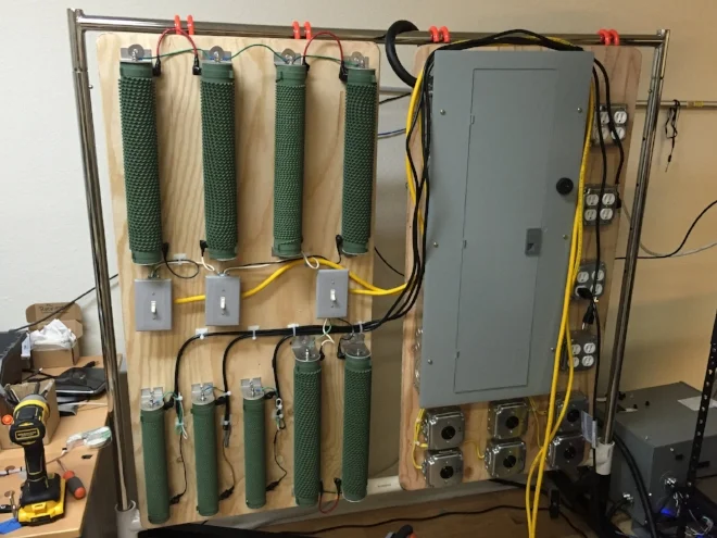  Using a setup like something out of a low budget Sci-Fi thriller, we simulated large appliance loads on the myriad of different breaker types to ensure that we got reliable data regardless of what type of electrical system it is used with. 
