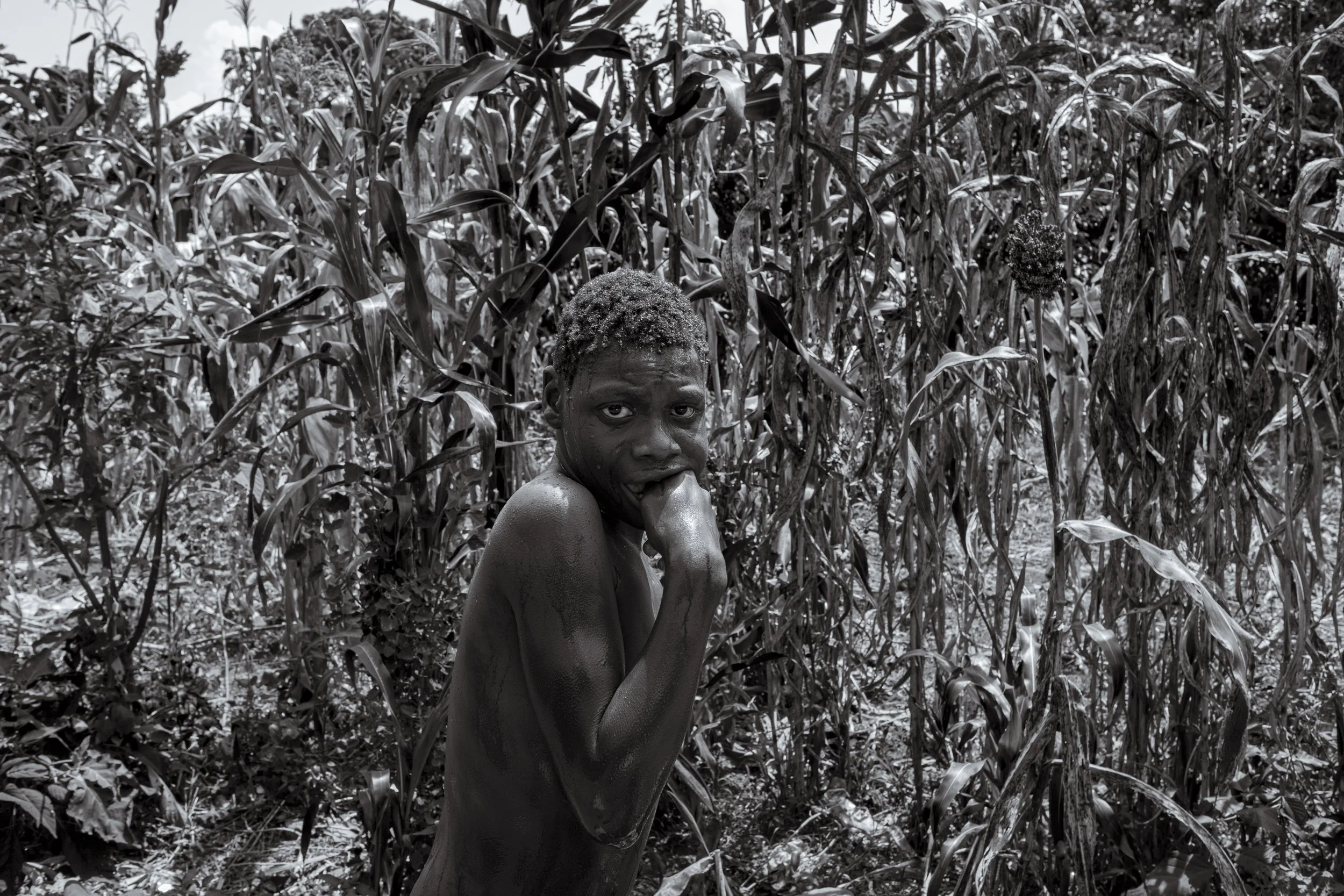  19 July 2023. Nabwigulu, Kamuli District, Uganda.  Perez Mwase cowers in the family maize field after being bathed by his mother Lovinsa Namwebya.   19-year-old Perez lives with severe, category four, autism. Lovinsa tried for years to have her son’