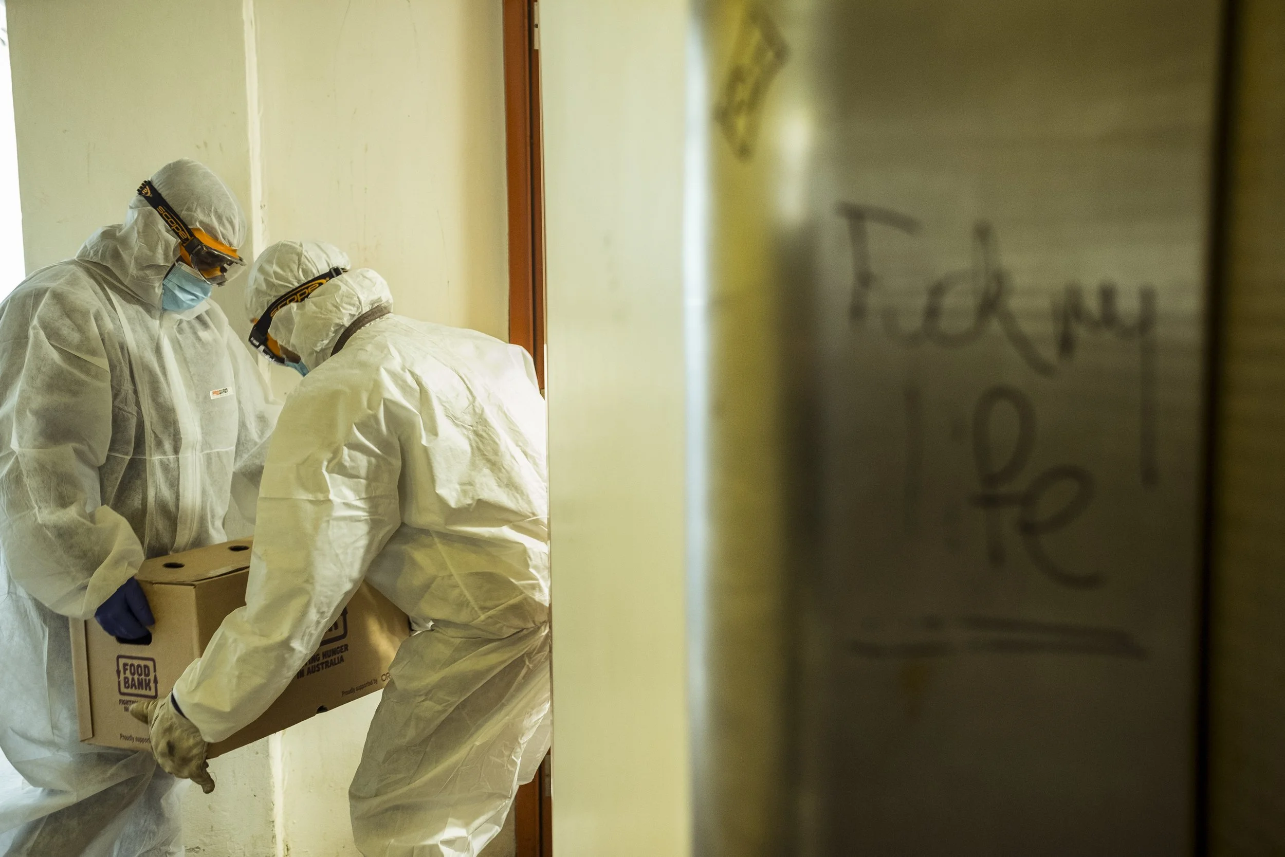  10 July 2020. Canning Street, North Melbourne, Australia. Twelve hours after re-opening to its residents, Government appointed cleaners are tasked with deep cleaning the Canning Street housing estate in North Melbourne. The building was in enforced 