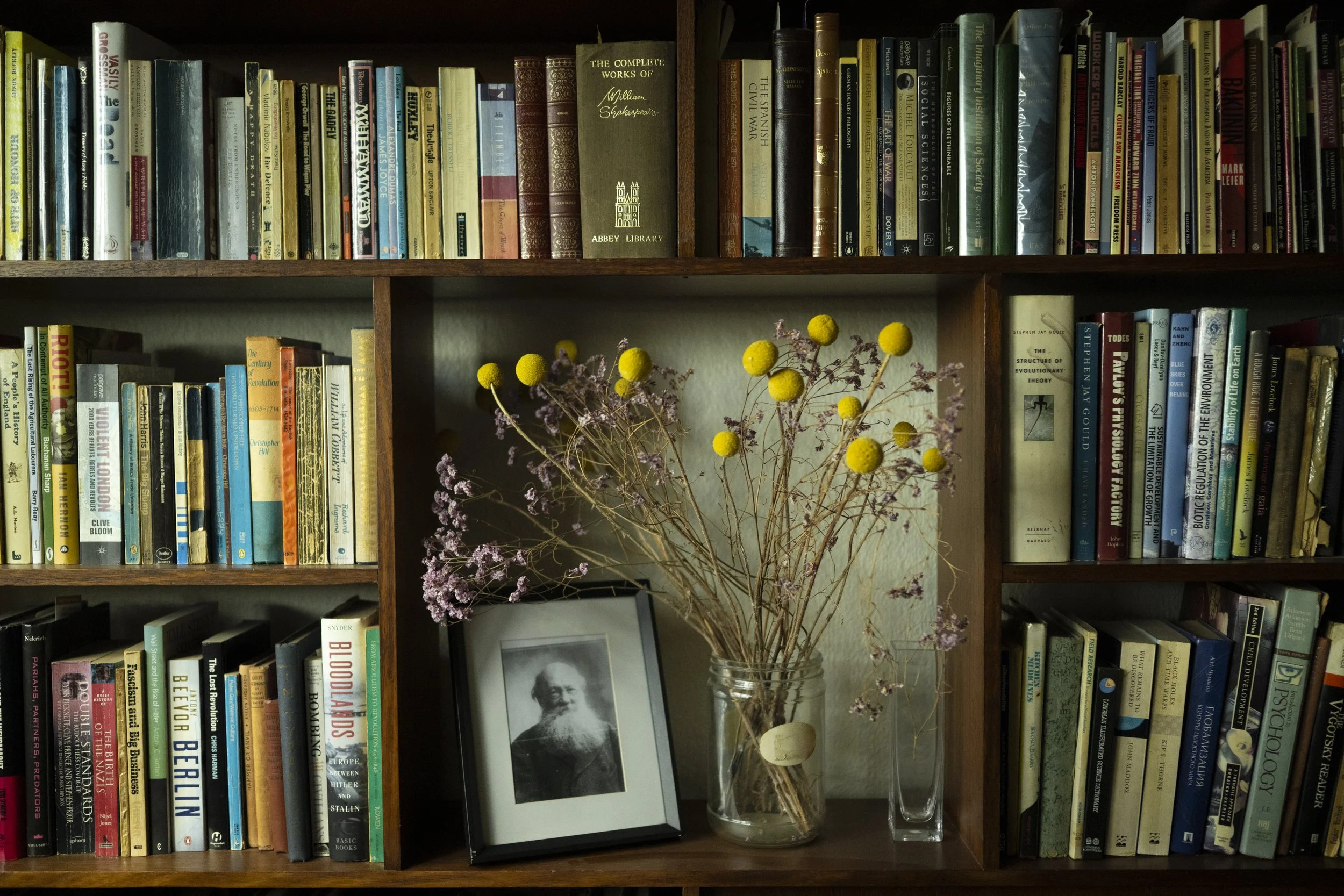  8 October 2025. 1 Holmes Street, Northcote, Australia. Inside Ian 'Hank' Fergusons Northcote apartment, a bookshelf containing Hank's books on politics and revolutions and a portrait of Russian anarchist Pyotr Kropotkin.   'Hank' Ferguson is a dedic