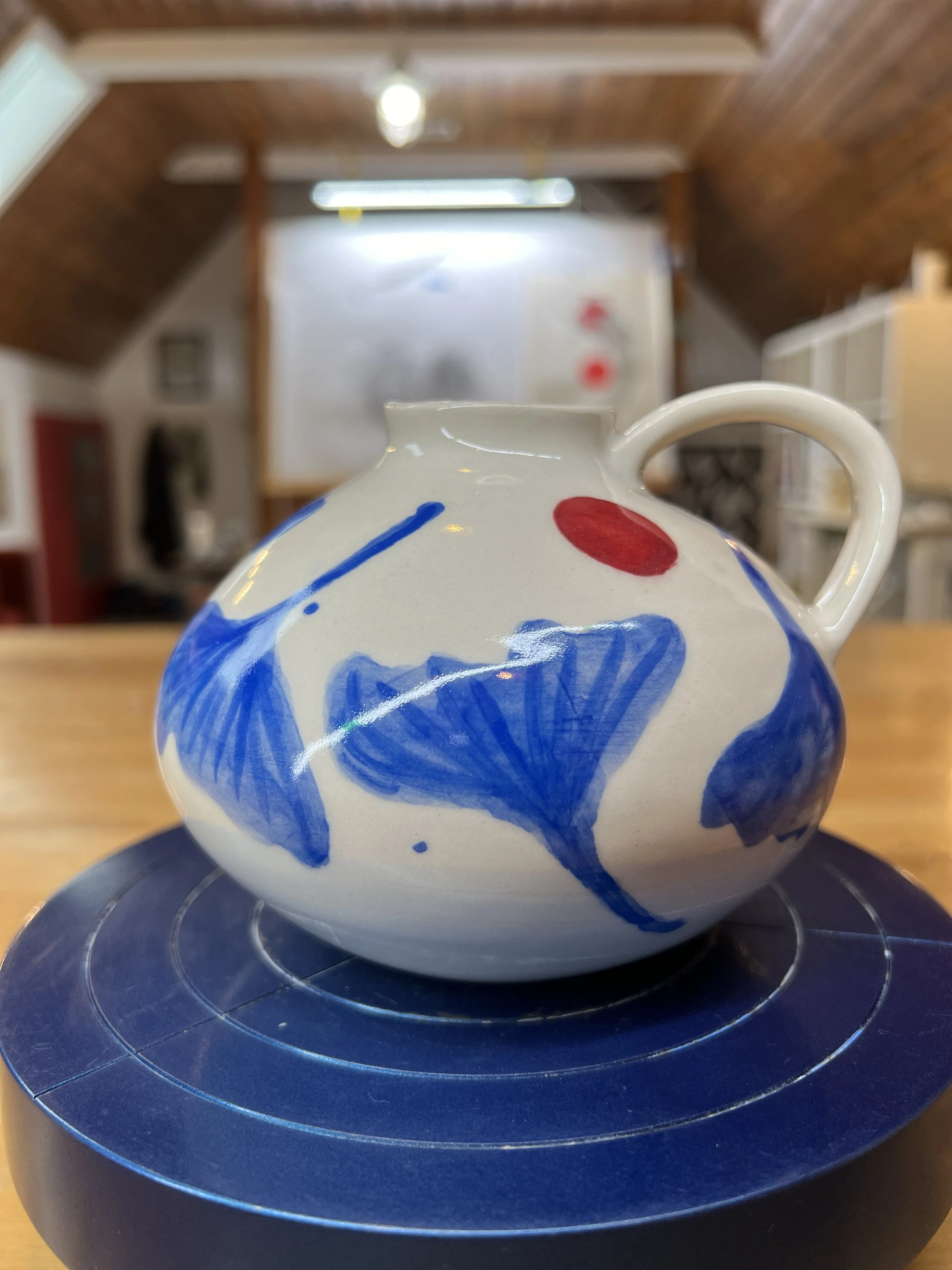 Blue Ginkgo Ceramic Vase with handle