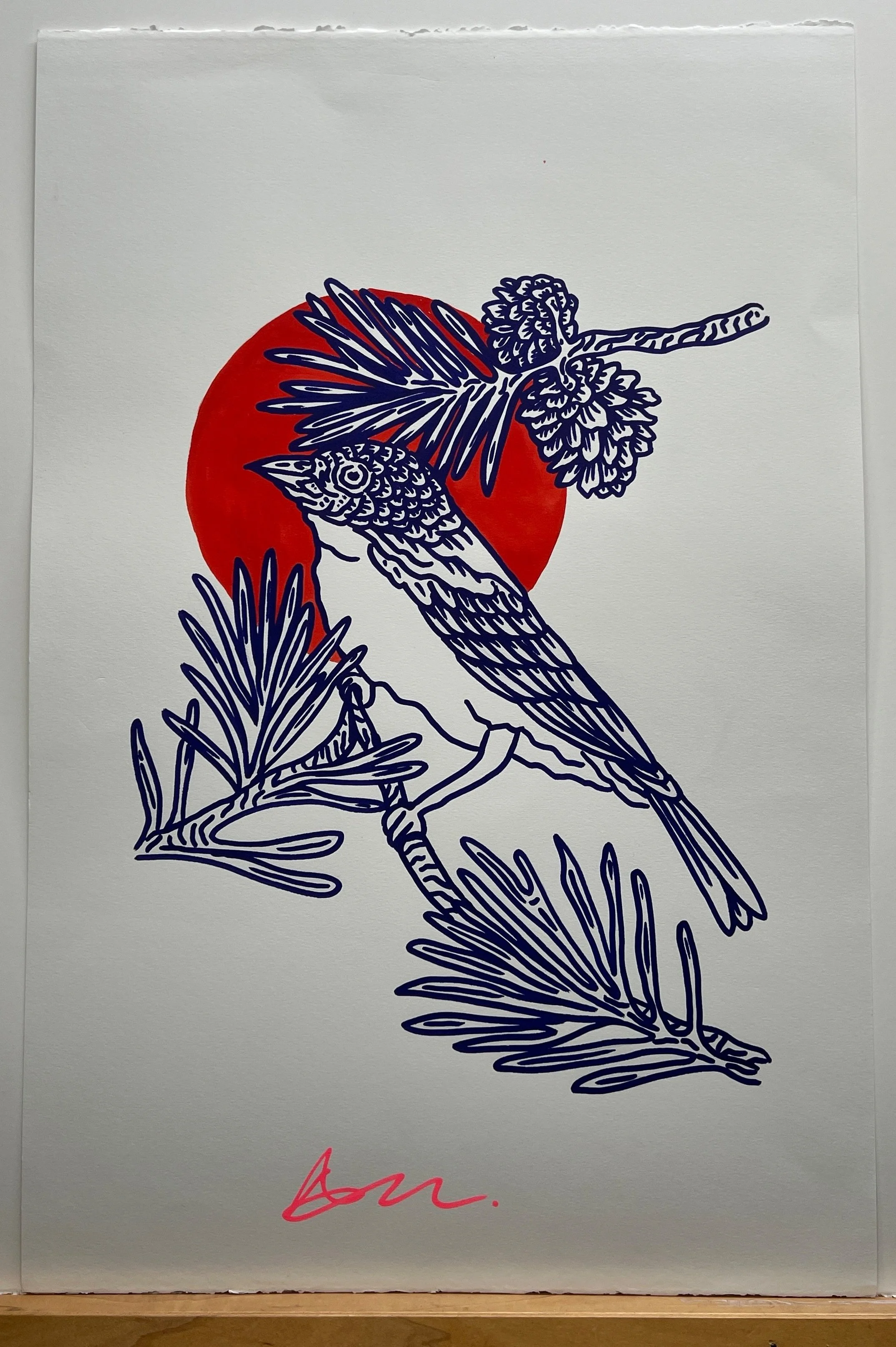 Pine Warbler, indigo, green & red