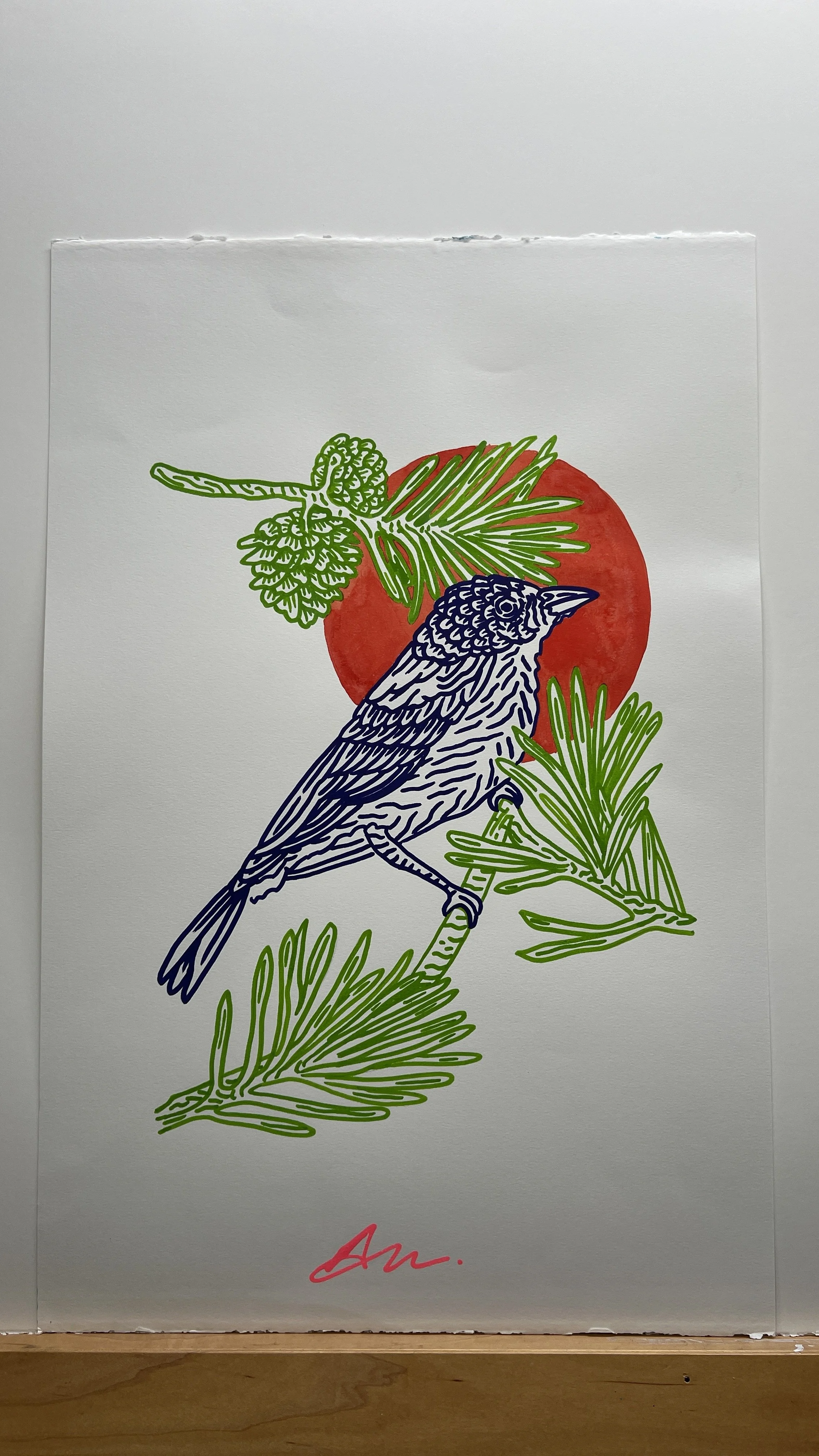 Pine Warbler, indigo, green & red