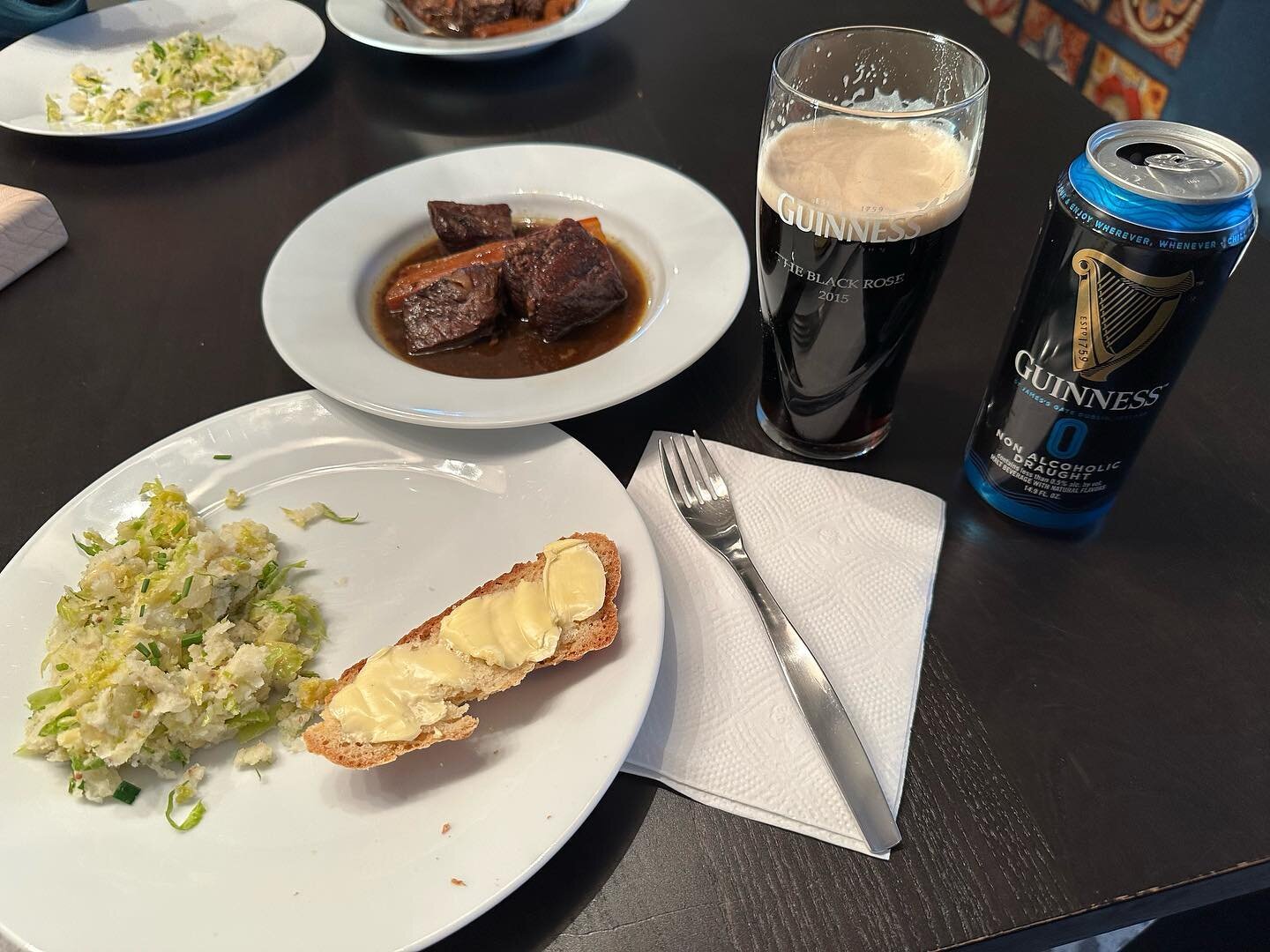 A successful St Patrick&rsquo;s Day was had&hellip;Irish beef stew with carrots, colcannon with Brussels sprouts, Irish soda bread with Kerry Gold butter, non-alcoholic Guinness, and chocolate chip cookie cake with a green frosting shamrock. @sallysb