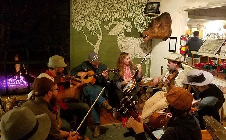 Jamming by the fireplace at Kokee Lodge opening night 2017