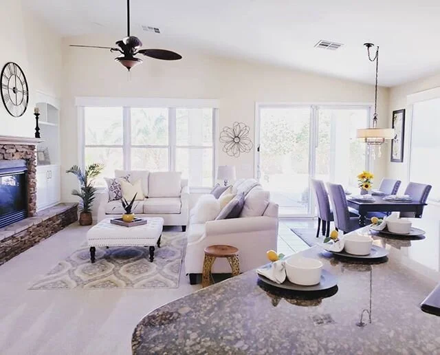 Light and Bright with cream,grey, and yellow pops everywhere!💜💜#sellitquickhomestaging #design #decor #homestaging #lightandbright #livingroomdecor #yellowaccents