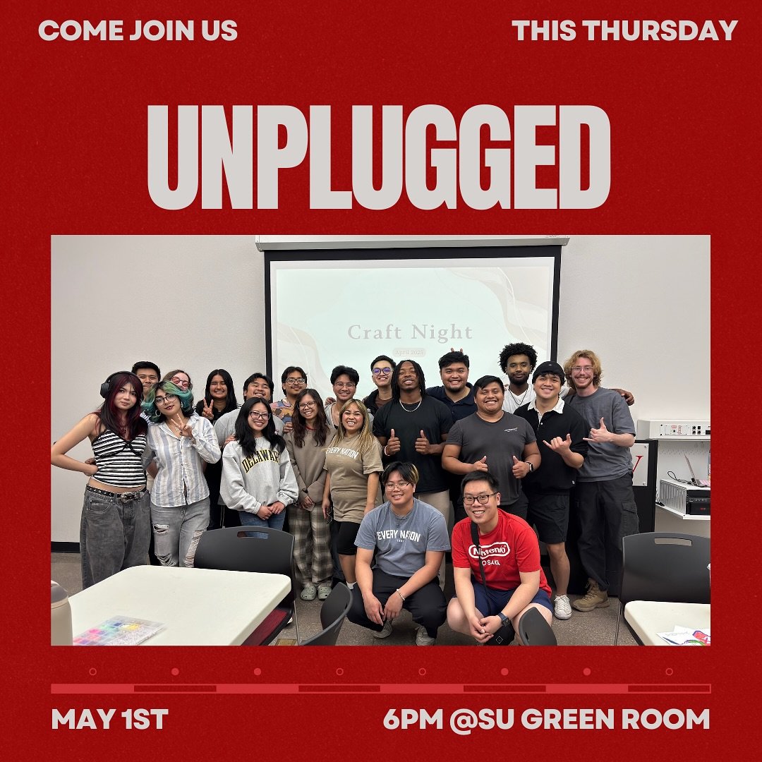 HI EVERYONE 

As the school year comes to a close &amp; finals begin to close in 📚 Let&rsquo;s unplug from the stresses of day-to-day living and plug into Gods word!!! 🙌🏽

Join us this Thursday for our LAST Unplugged of the school year 🙏🏽
6pm at