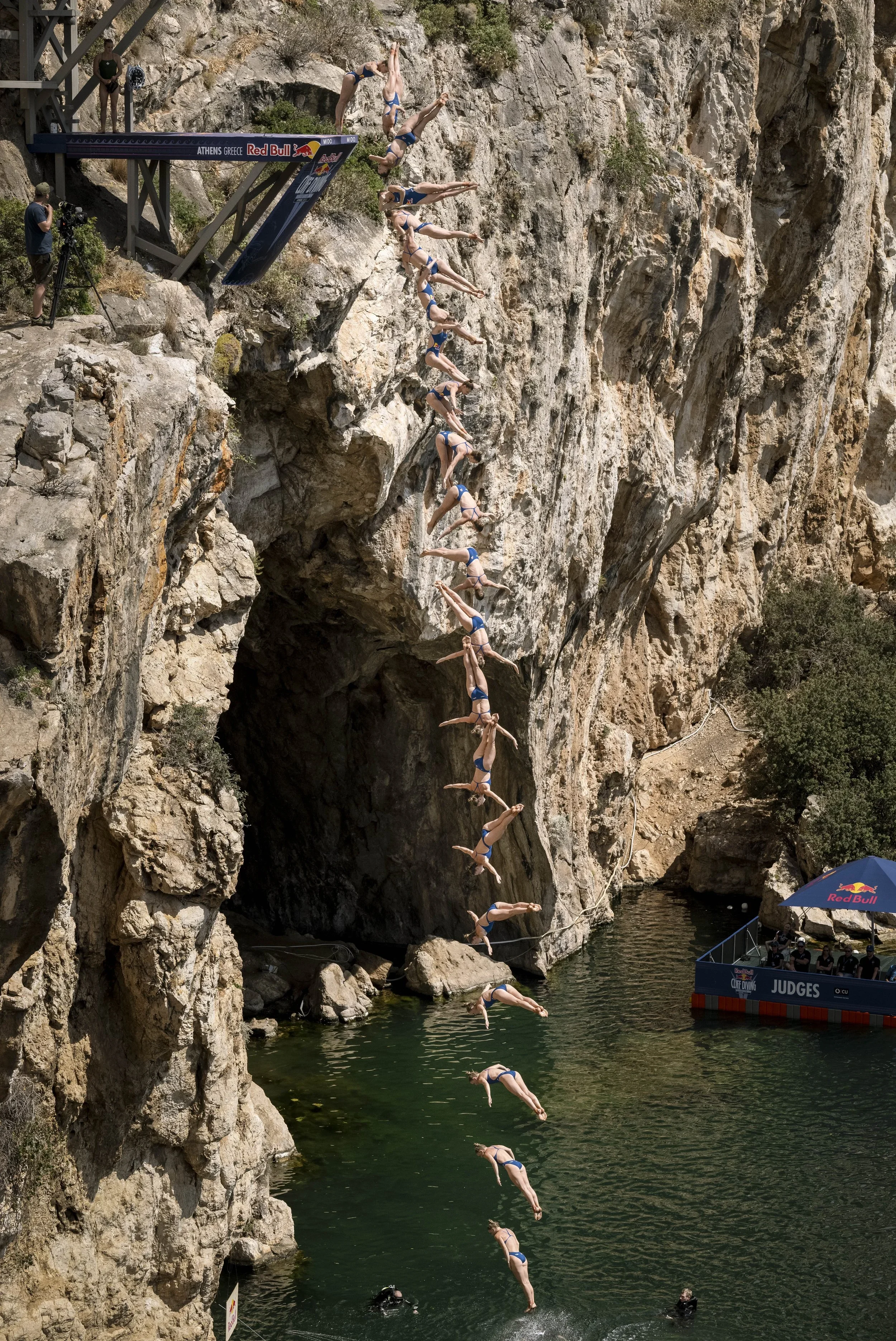 Red Bull Cliff Diving live event photography - multi-exposure dive sequence.