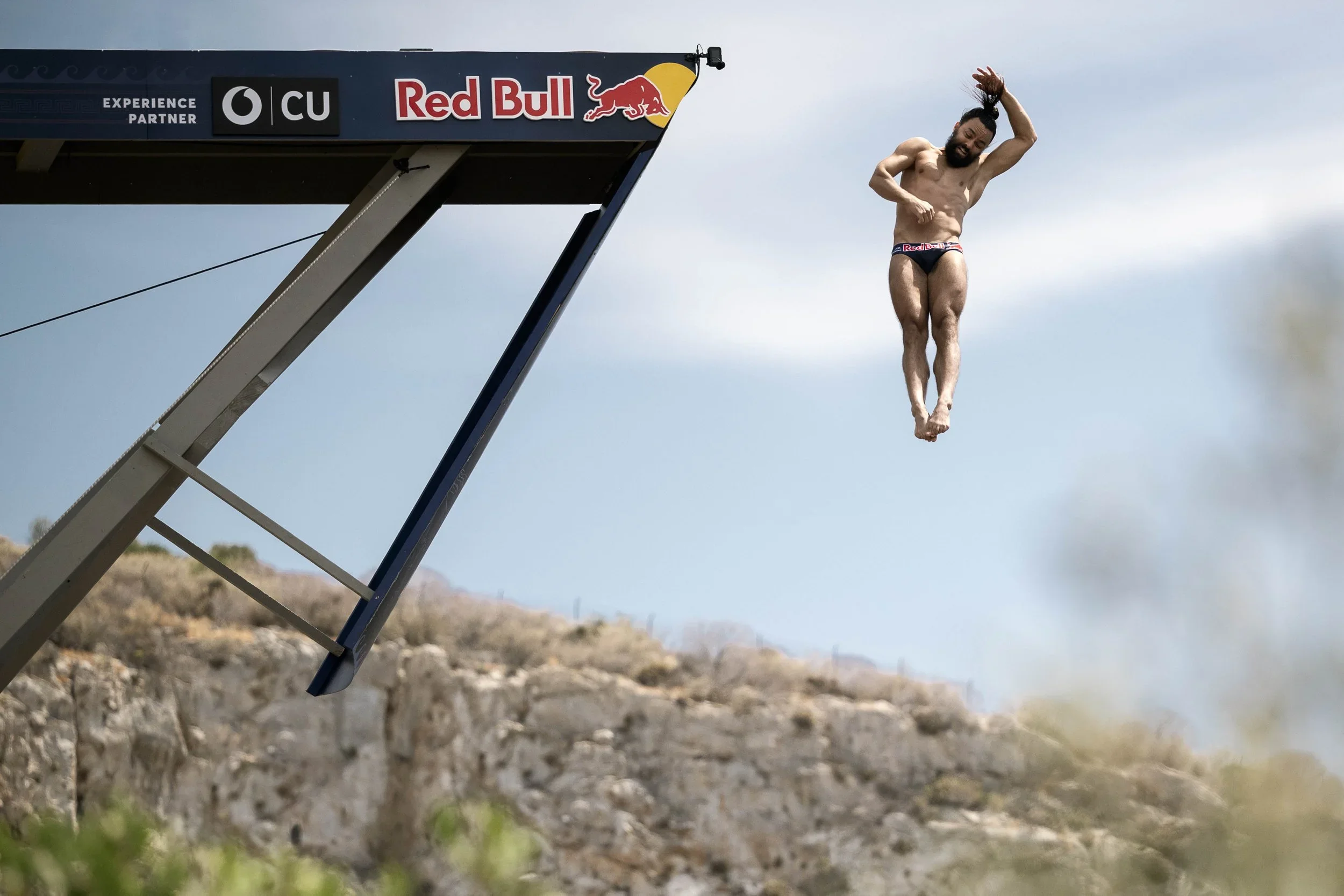Red Bull Cliff Diving venue overview - large-scale live sports event photography in Athens, Greece.
