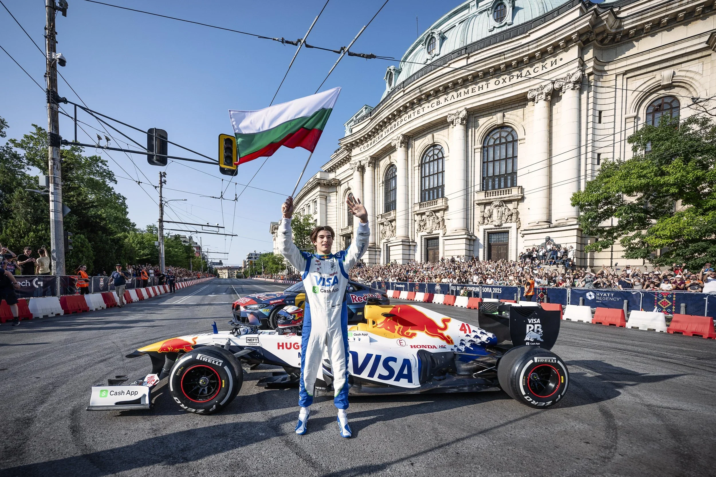Formula 1 driver Nikola Tsolov celebration photography - Sofia live motorsport event.