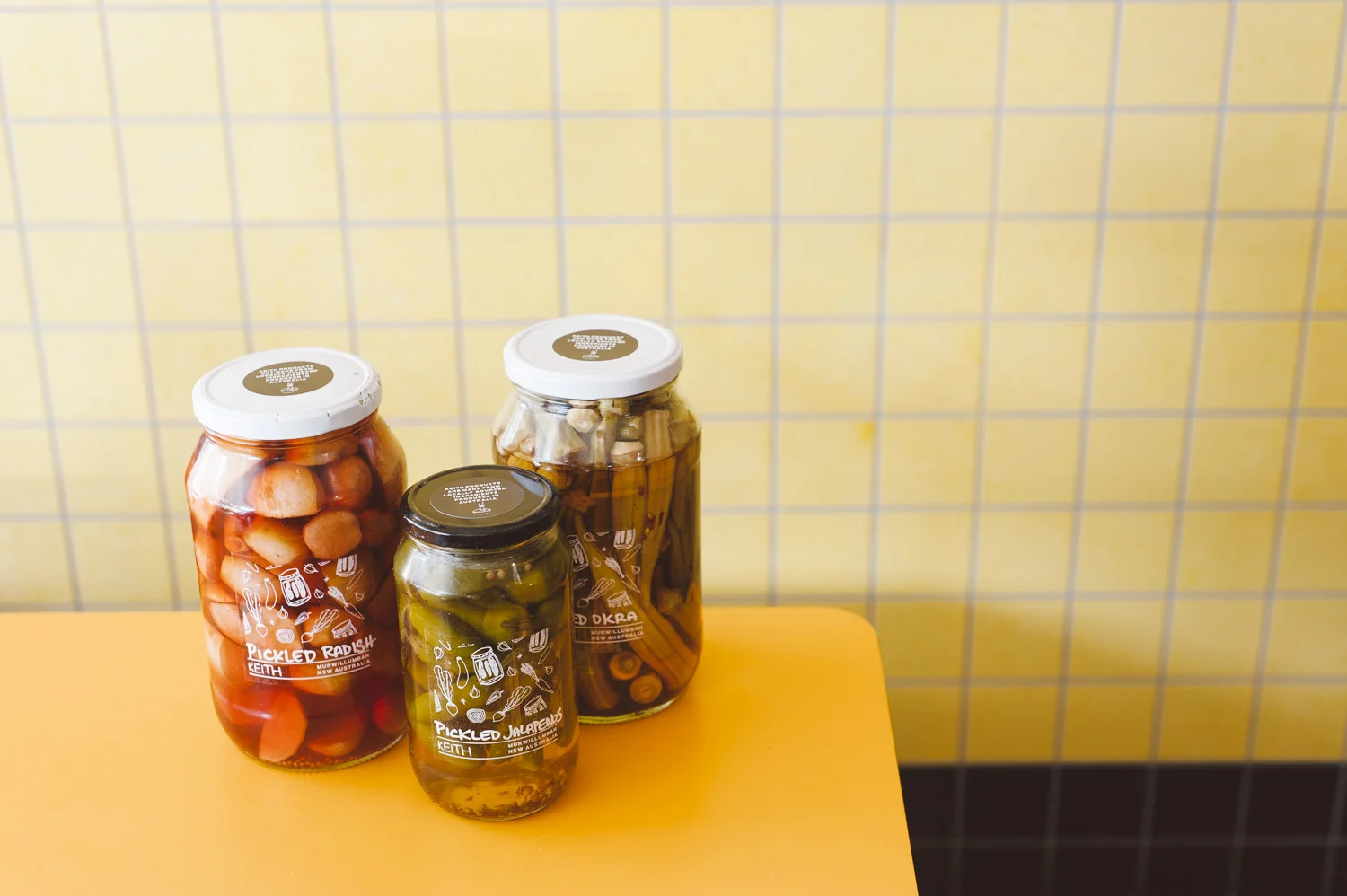 The thought process behind the clear labels was to let the product itself be the hero; in this case, the coloured pickles.