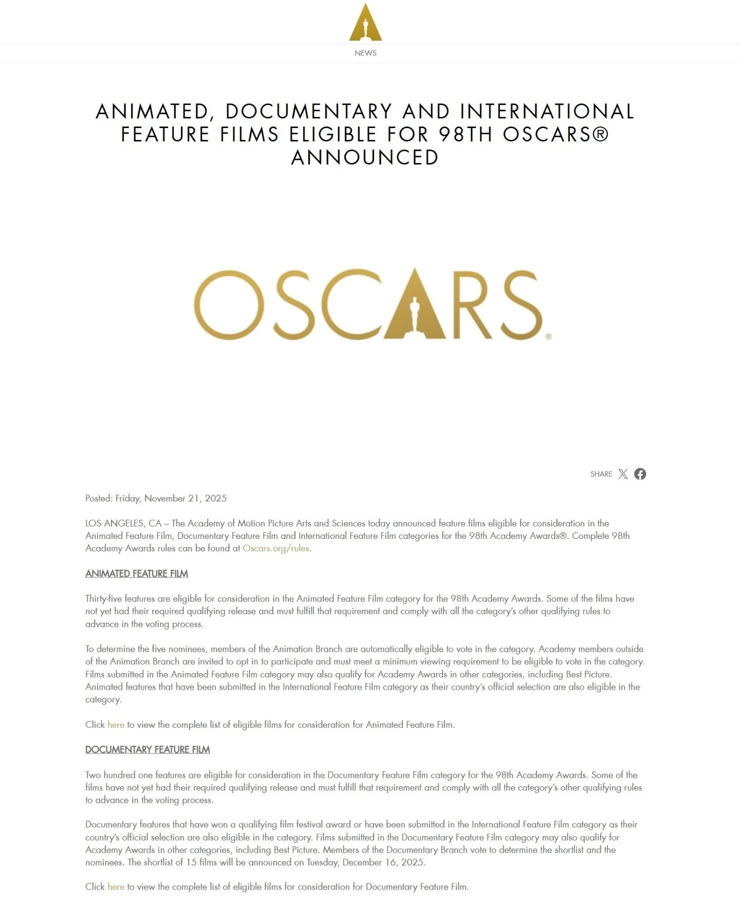 ANIMATED, DOCUMENTARY AND INTERNATIONAL FEATURE FILMS ELIGIBLE FOR 98TH OSCARS® ANNOUNCED 02