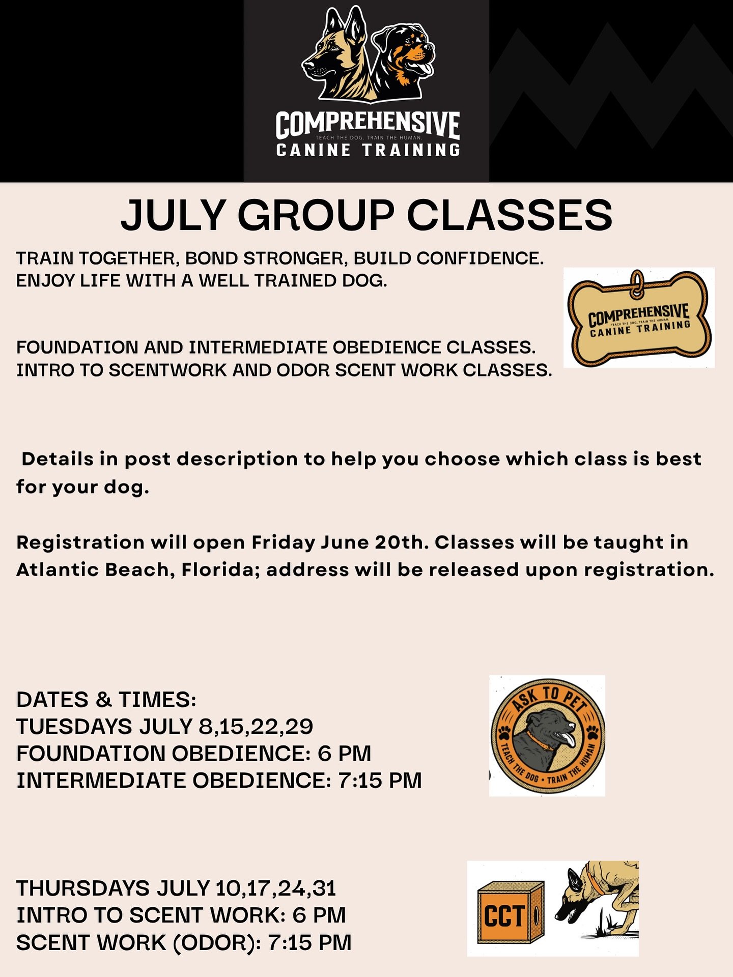 Tuesdays July 8,15,22,29
FOUNDATION OBEDIENCE: 6 PM
This class is for dogs six months and up that have zero to basic obedience. We will be training obedience that is not treat dependent. Handler skills will be developed.
 
INTERMEDIATE OBEDIENCE: 7:1