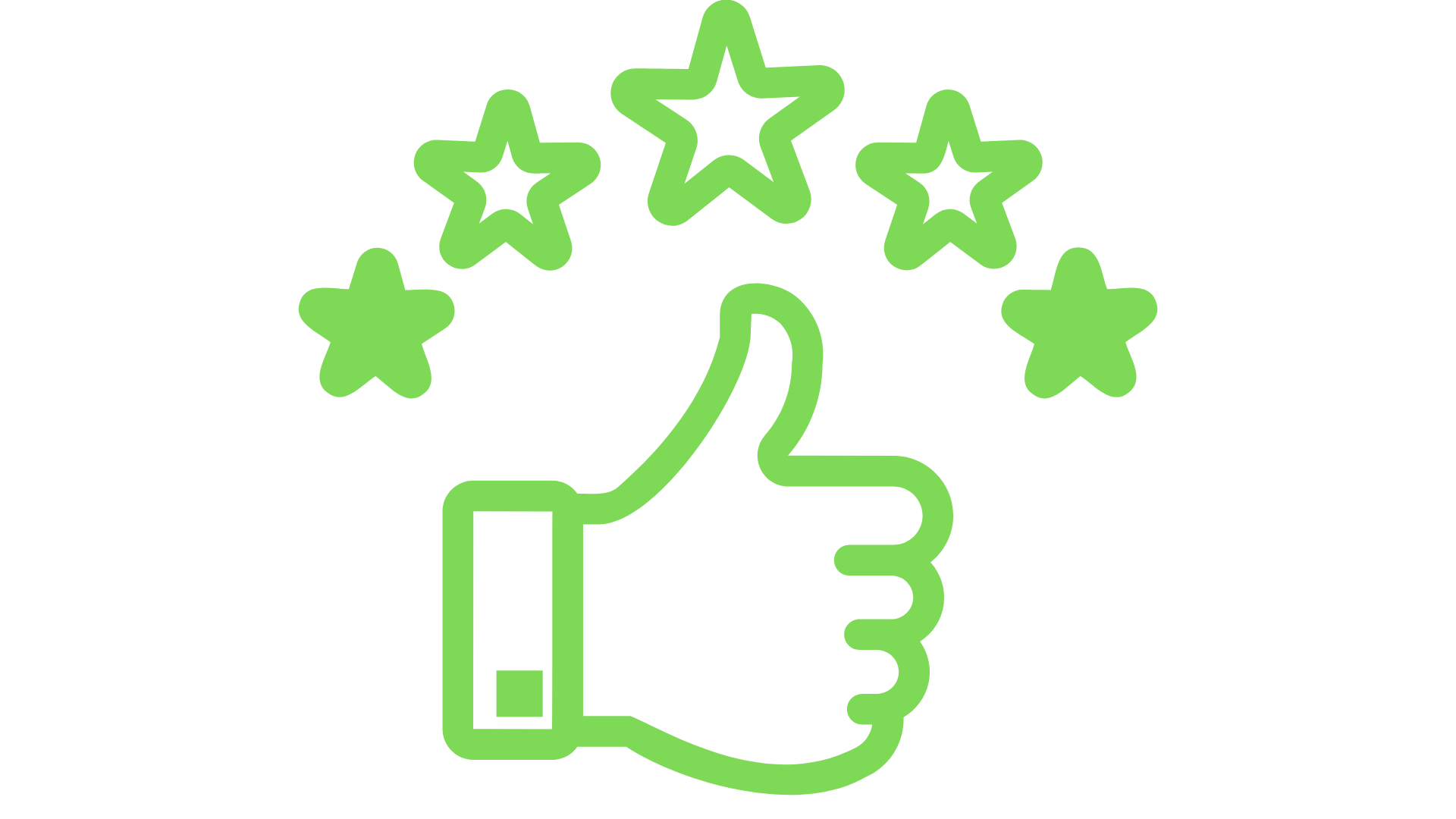 Green thumbs-up icon with five stars above it, symbolizing excellent service or high rating.