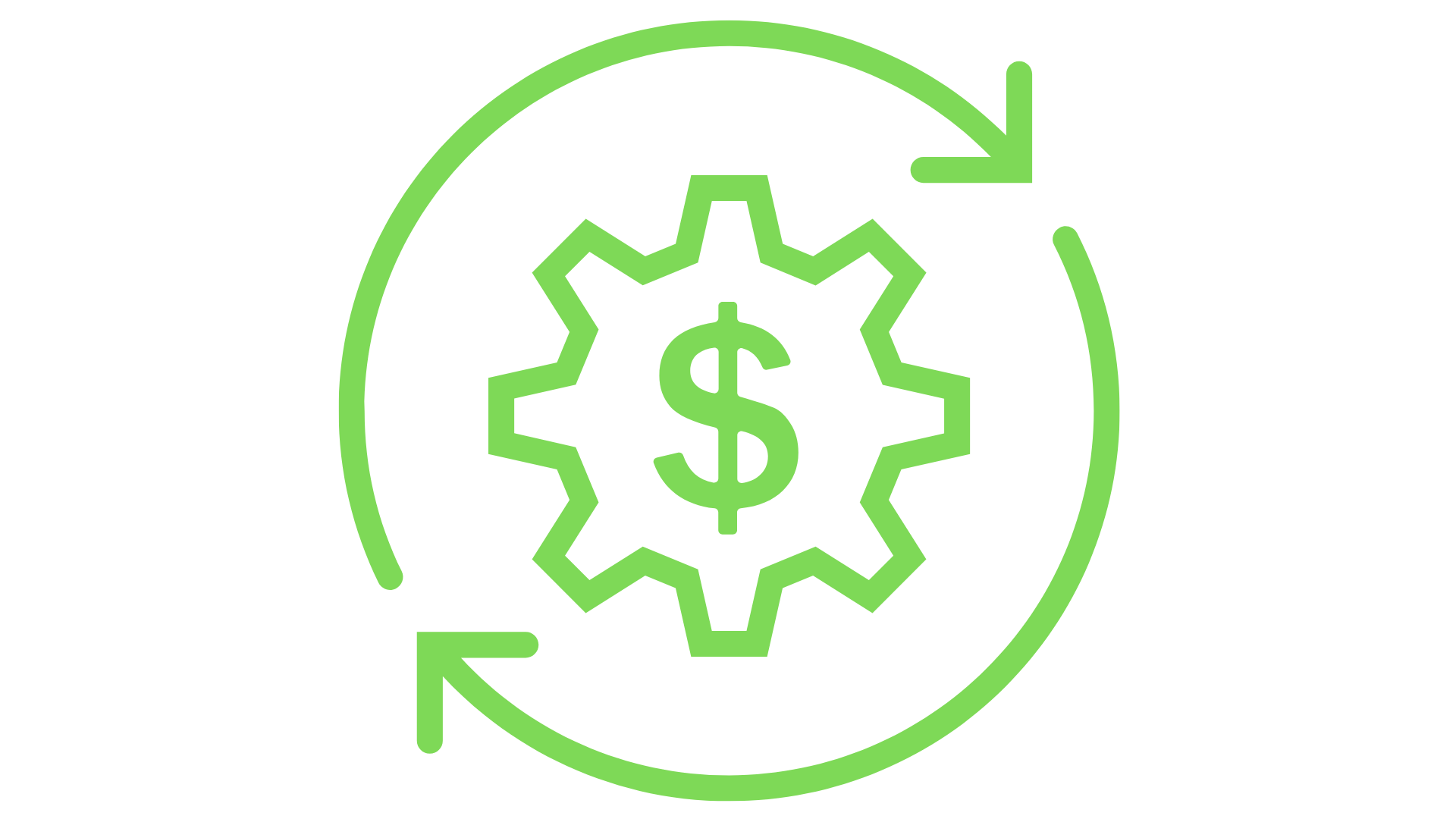 Green gear icon with a dollar sign and circular arrows symbolizing financial processes or economic efficiency.