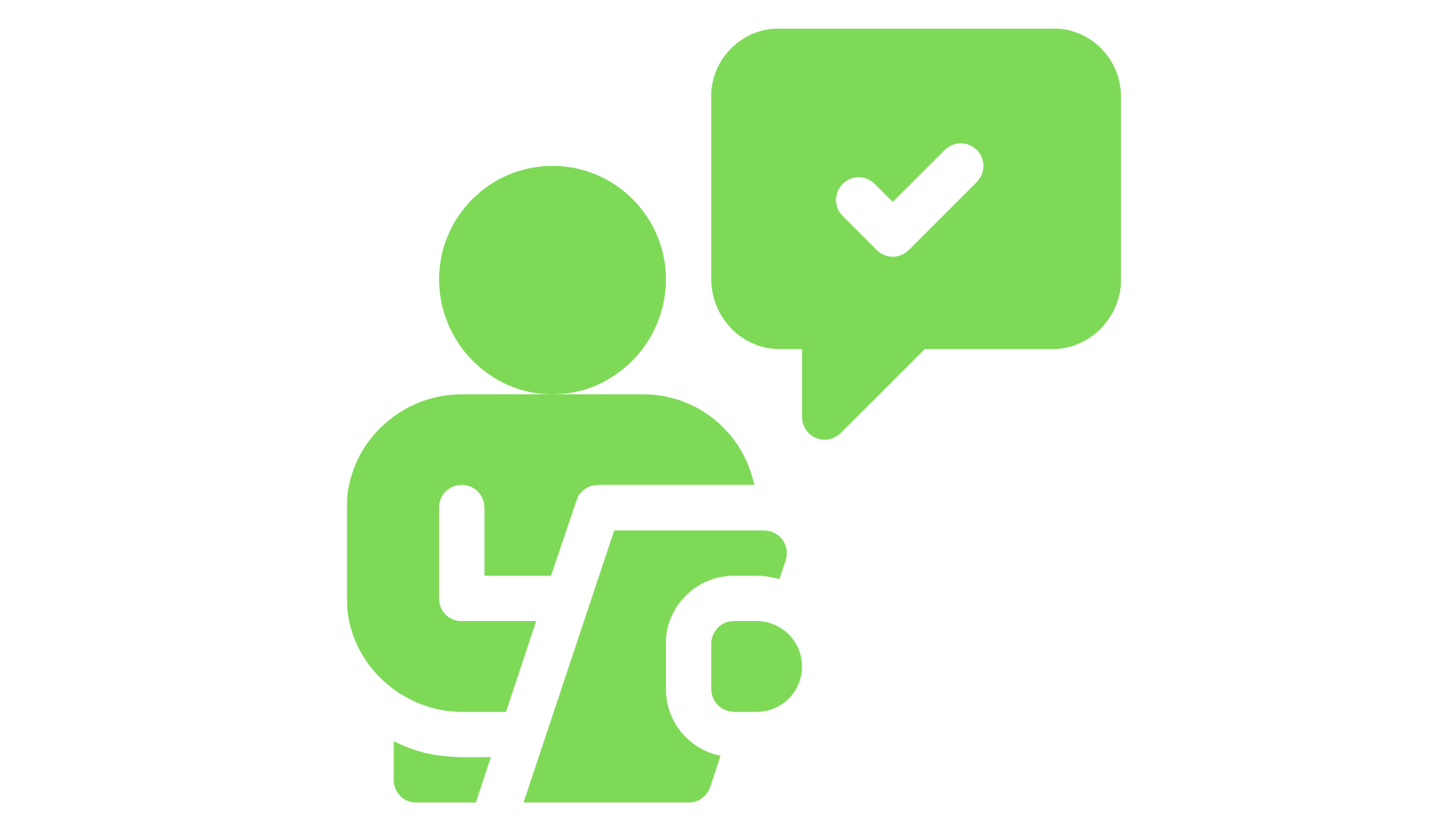Green icon of a person with a speech bubble containing a checkmark.