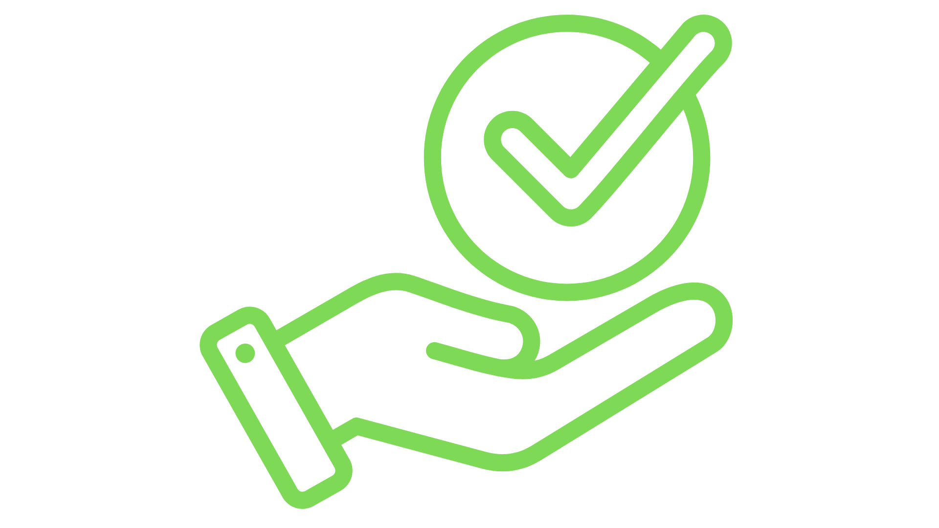 Green line art of a hand holding a checkmark inside a circle on a black background.