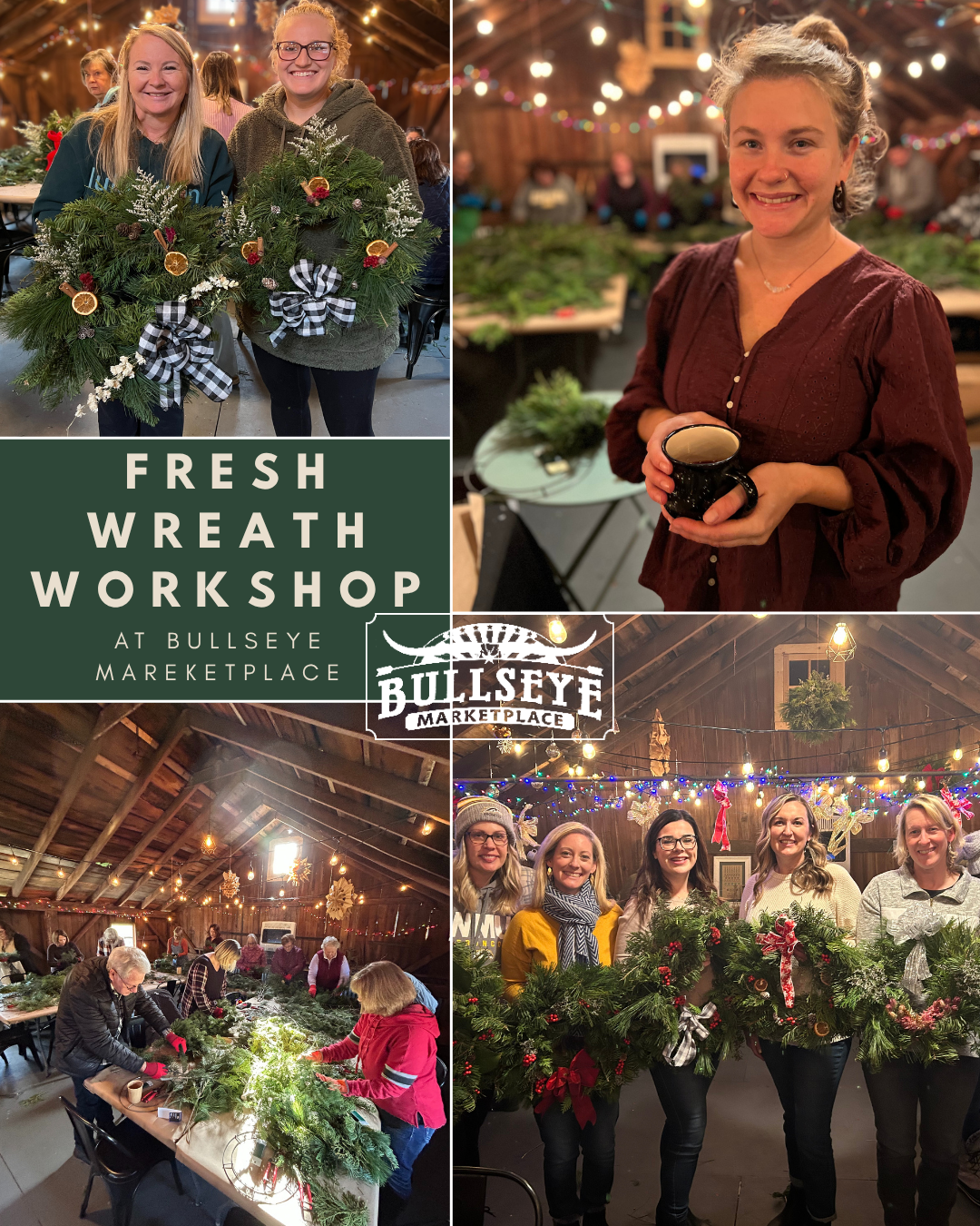 Holiday Wreath Workshop with Flowerfield Farmstead at Bullseye Marketplace 12/5 (3-5pm)