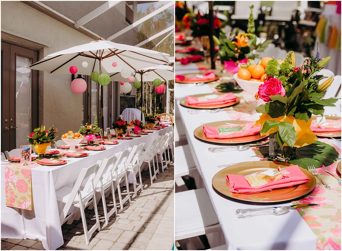 Lilly Pulitzer Bridal Shower table setting and decor