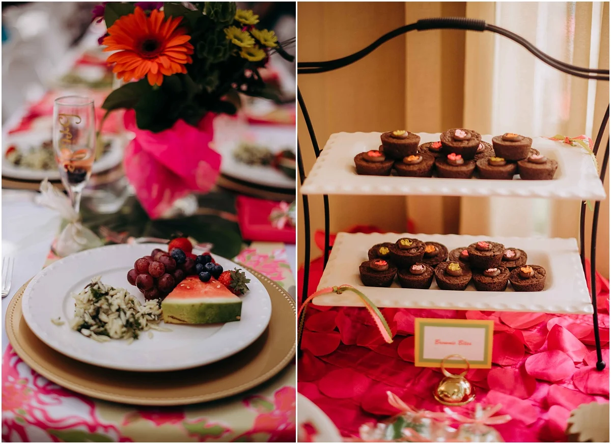 Lilly Pulitzer bridal shower brunch fruit and brownie dessert