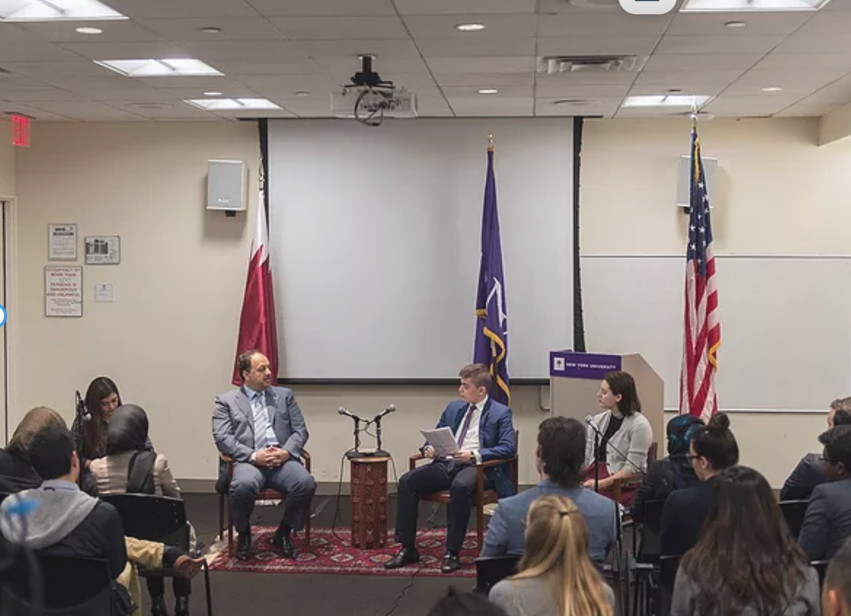 A discussion with Qatar's Minister of Foreign Affairs: Dr. Khalid bin Muhammad Al Attiyah in 2015 with students Grace Lubin and Azizjon Azimi moderating.