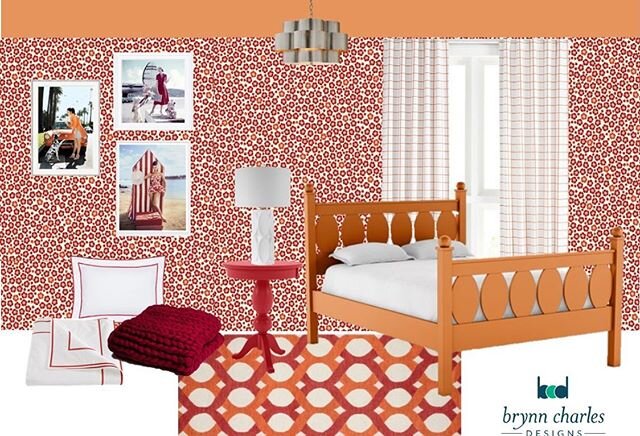 Today's Inspired Room started with the bright and bold Scalamandr&eacute; Coquelicot wallpaper. Go bold AND go home, I always say! This feminine and fun bedroom doesn't shy away from color or pattern. In fact, the Sherwin-Williams Outgoing Orange at 