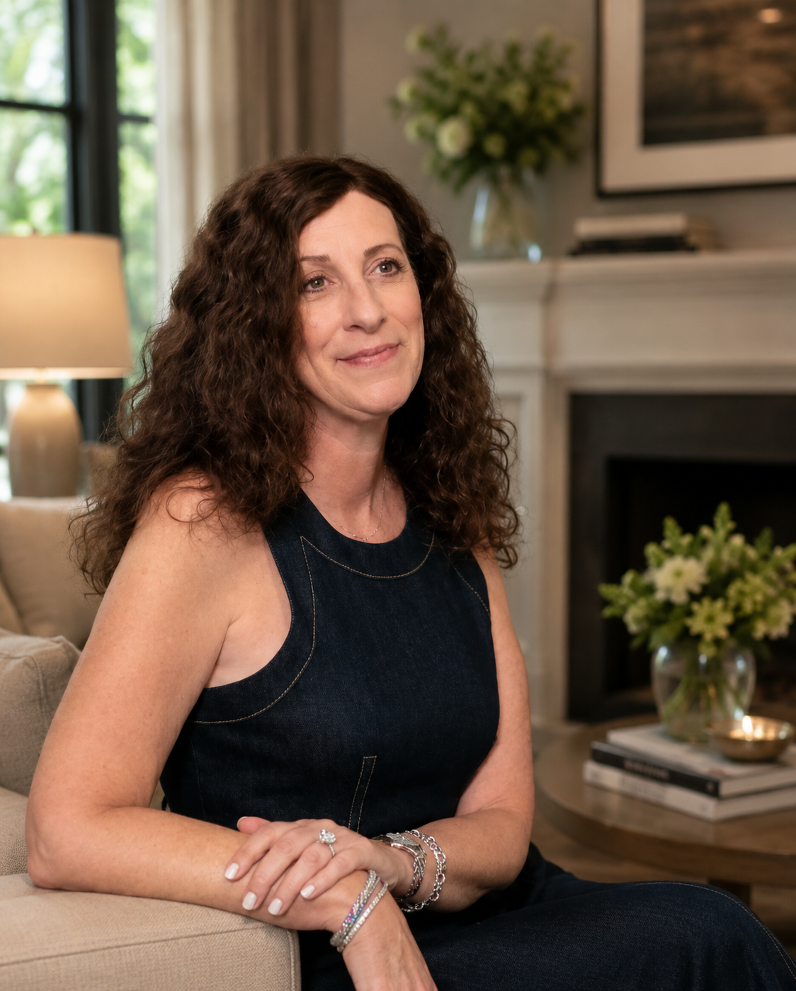 A woman with long, curly brown hair sitting on a beige couch in a living room, wearing a sleeveless dark blue top and jewelry, with a warm smile, background includes a lamp, flowers, and a fireplace.