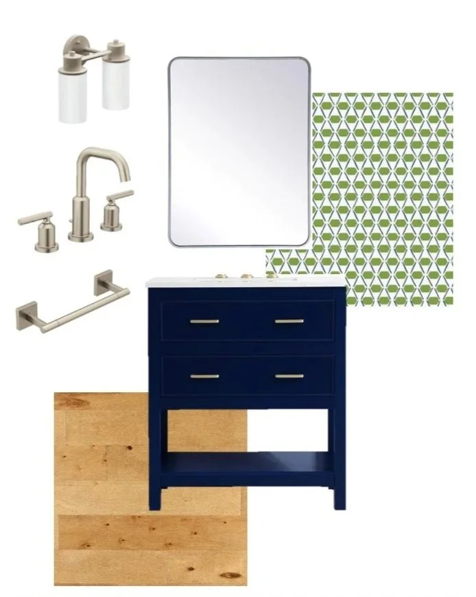 Bathroom vanity set including mirror, patterned tile, wood flooring, navy blue cabinet, faucet, soap dispensers, and towel holder.