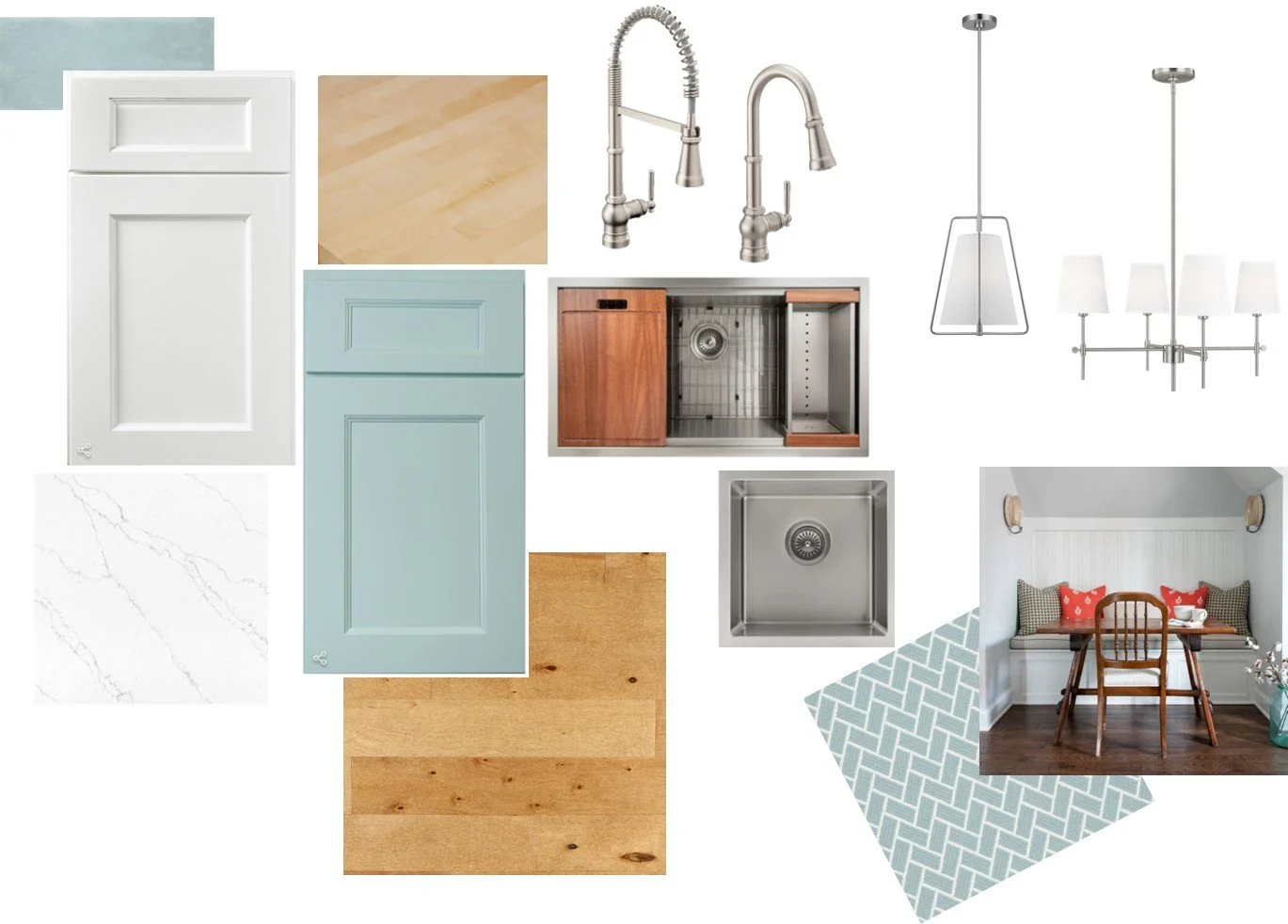 Collage of kitchen and dining room interior design elements, including cabinets, a kitchen sink, faucets, lighting fixtures, wood flooring, tile samples, a chair, and a cozy nook with cushions.