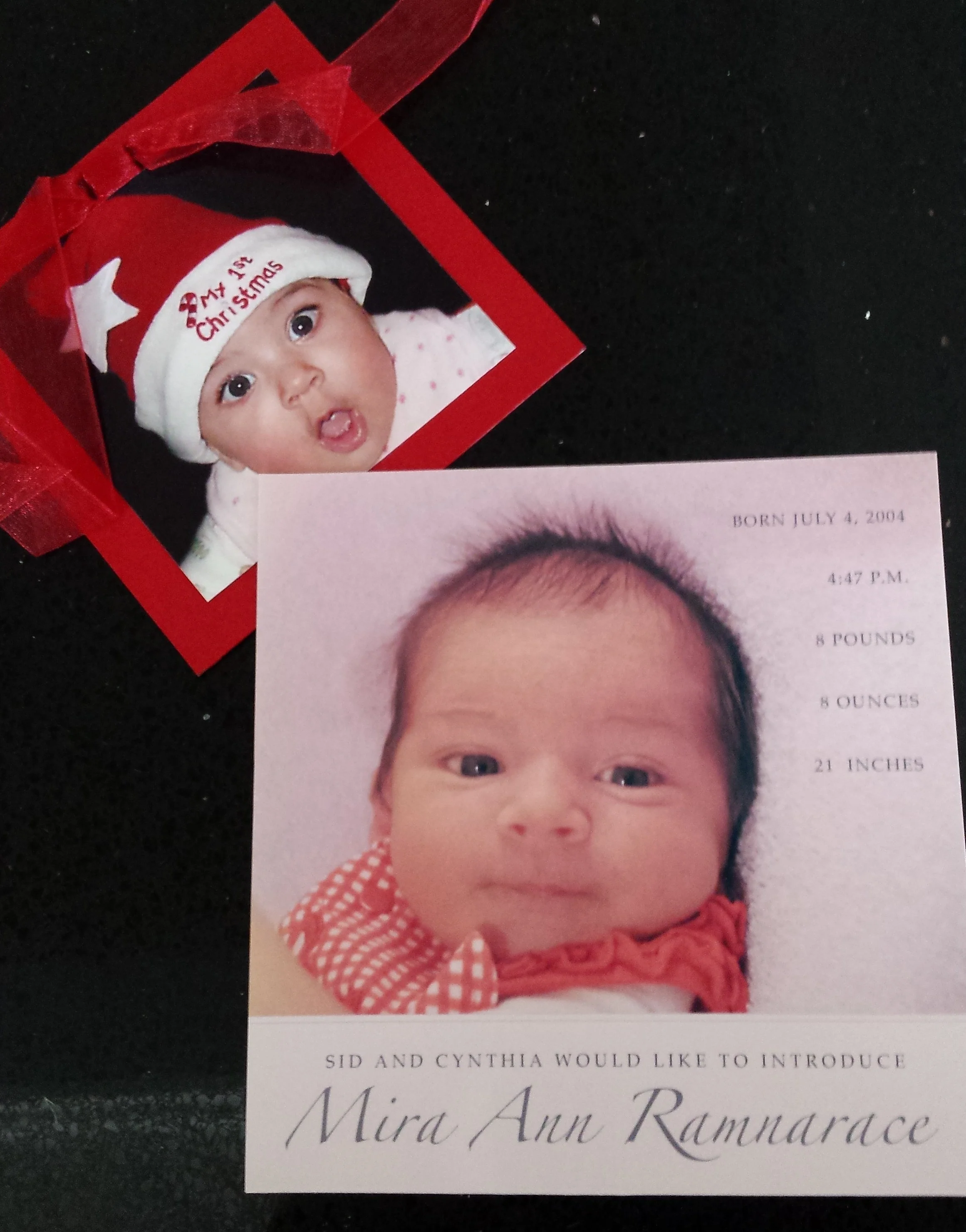 My daughter, Mira’s, birth announcement and first Christmas photo.