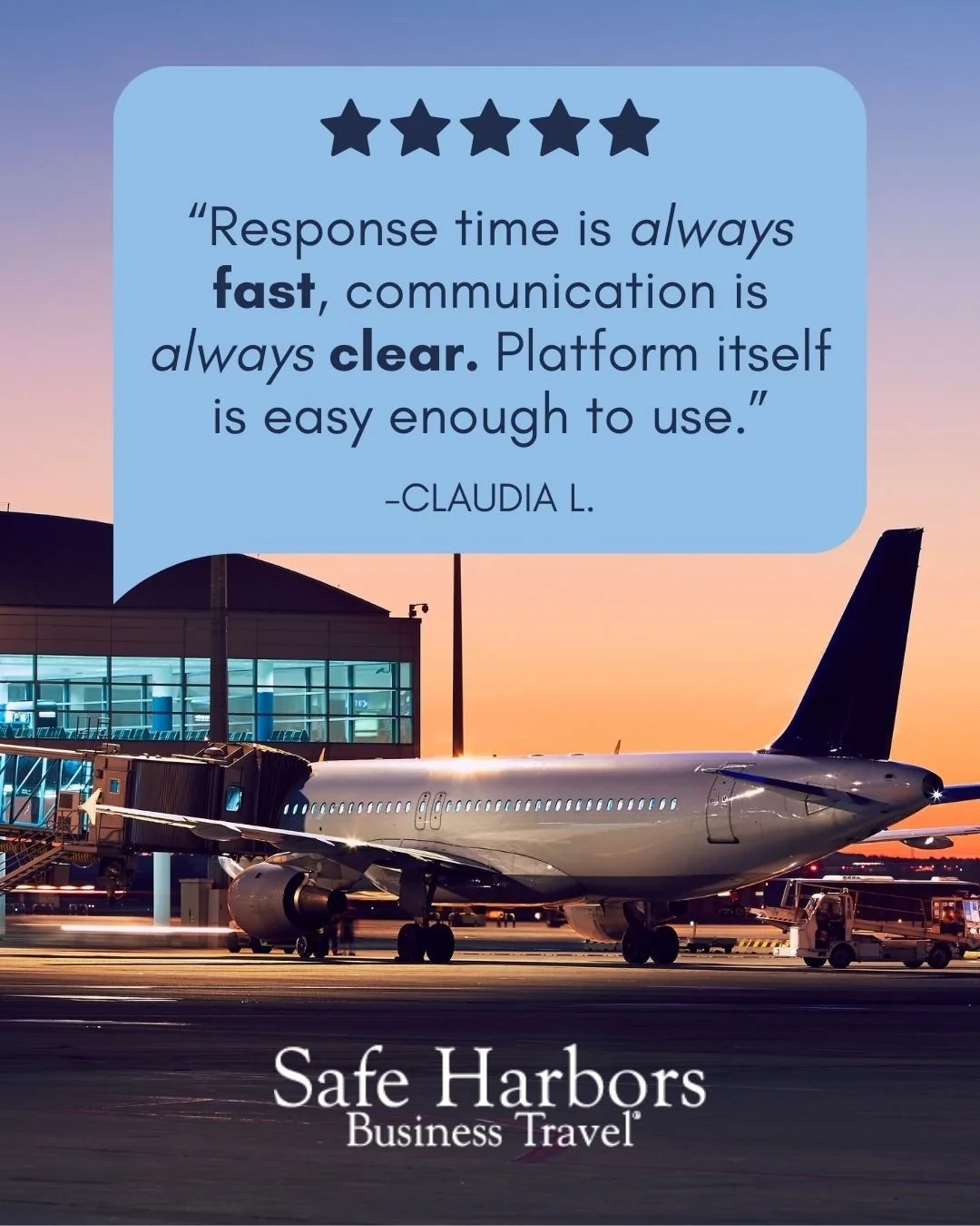 Fast responses. Clear communication. Seamless experience.
That&rsquo;s the Safe Harbors Business Travel standard.

🌟Safe Harbors adheres to the impeccable standards of client service. &quot;Response time is always fast, communication is always clear