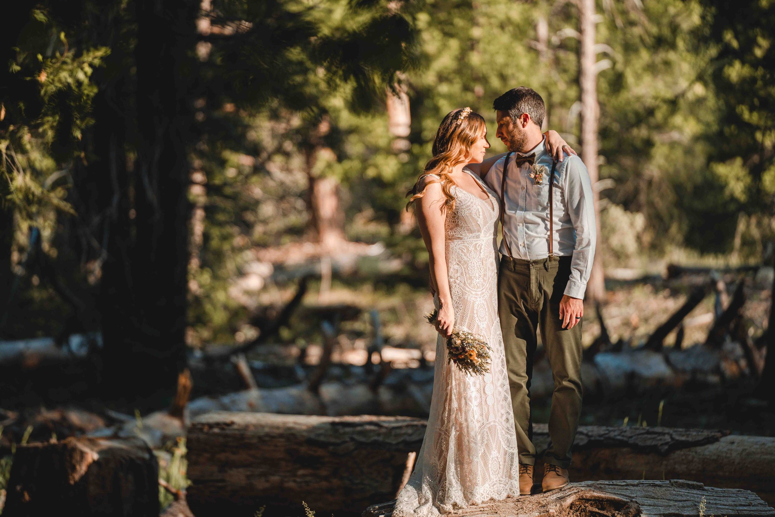 Bride and groom facing each other on a log at sunset