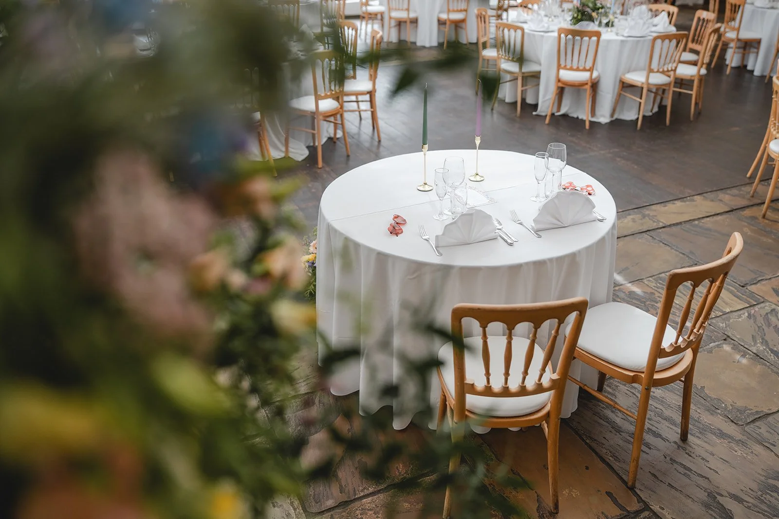 Wedding breakfast table detail at Jonny and Abi wedding