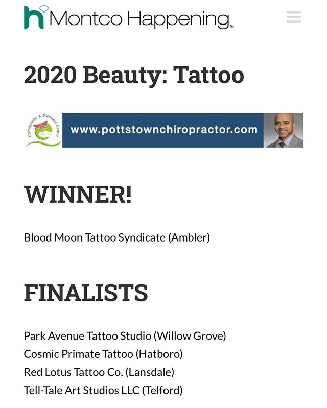 We are so excited to announce that we won Montgomery County&rsquo;s Best Tattoo Shop 2020! Thank you all for voting, and we hope to see you soon ❤️🙏 @montcohappening