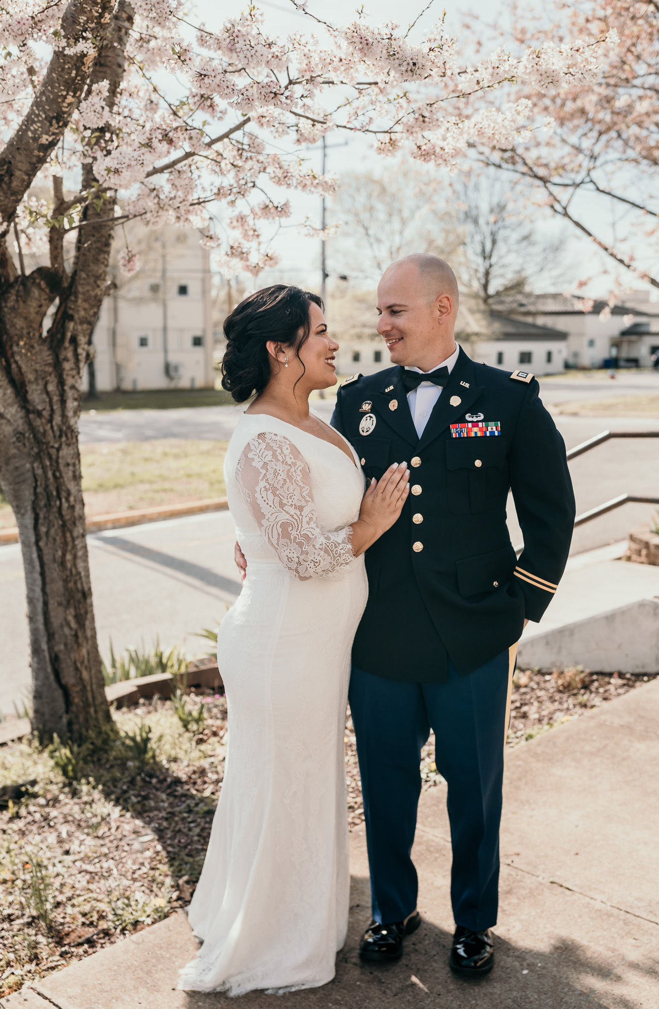 Bride Standing with her Soldier 