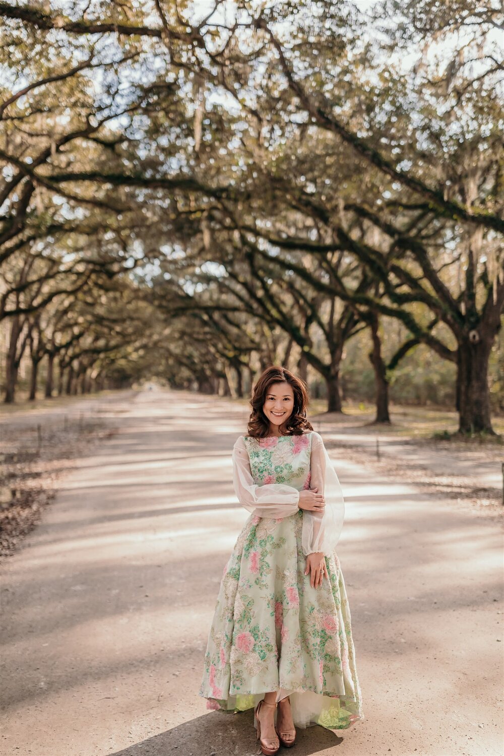 historic savannah moss trees and female model