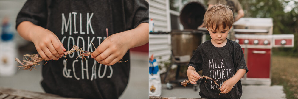 diptych of little boy playing outside