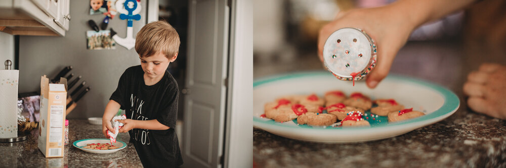 diptych of little boy making cookies