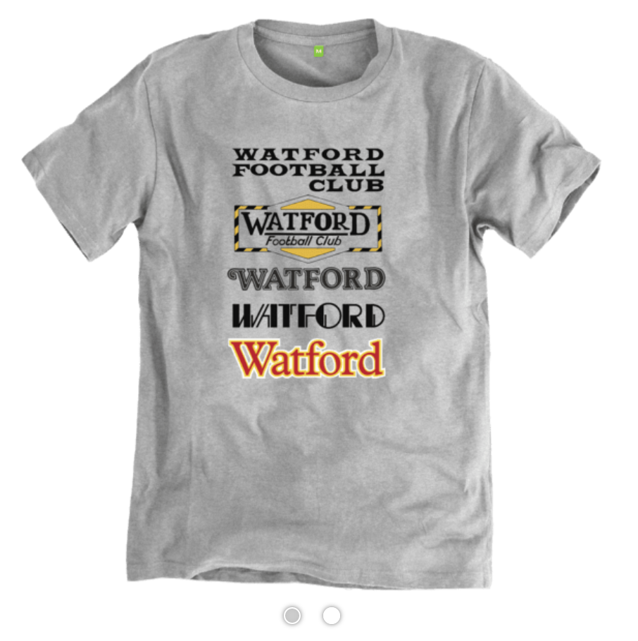 Gold & Black's Programmes T-shirt features the changing typography from the cover of Watford's programmes from the late 1960s to the mid 1980s. Visit the Gold & Black store.