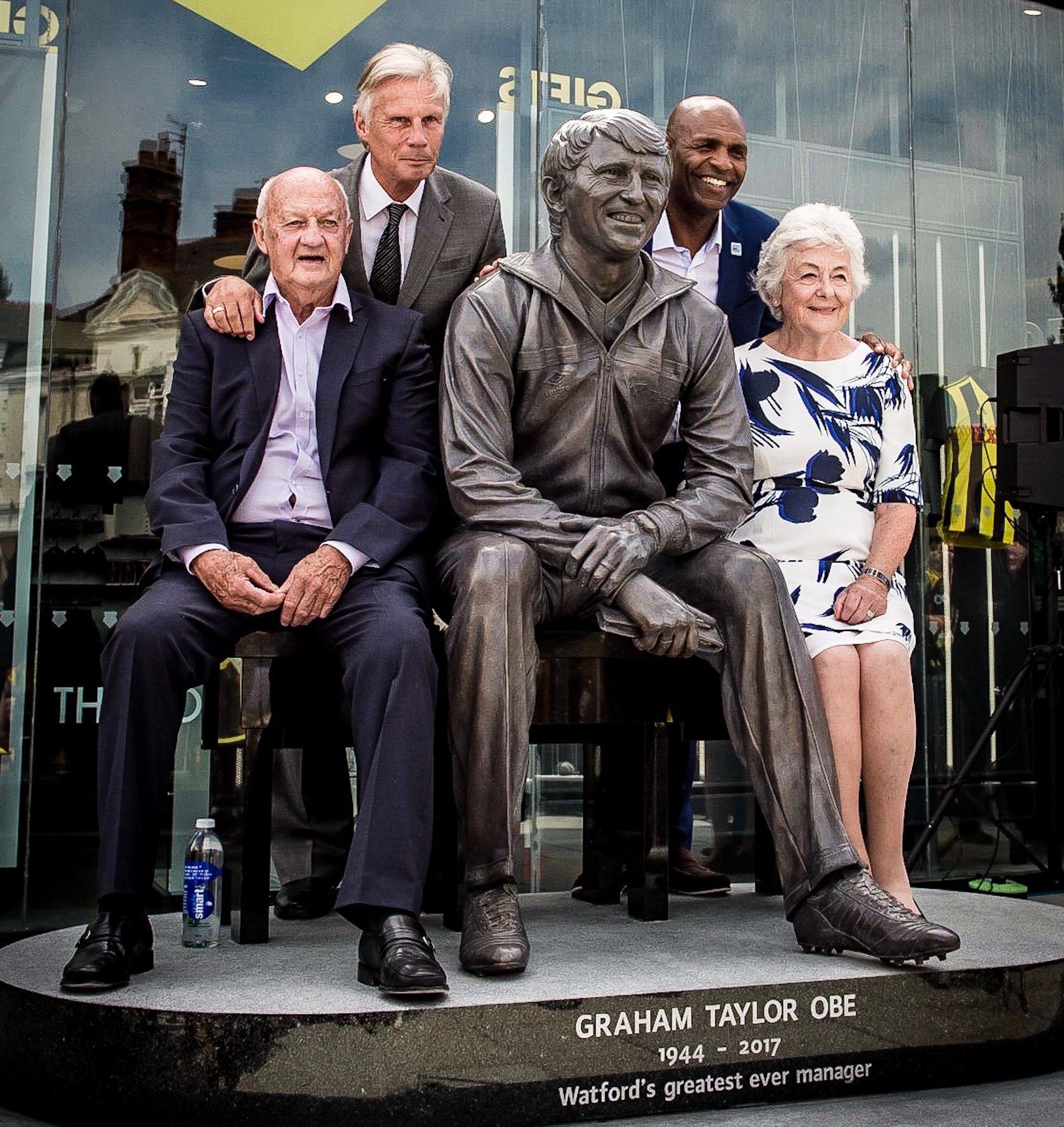 Tom Walley, John Ward, Luther Blissett and Rita Taylor with the statue of Graham Taylor in Vicarage Road. Walley and Blissett were two of the players Graham inherited when he took over at Watford in 1977. Ward, his friend and former team-mate from Lincoln City, came a little later. Photograph by Simon Gill.