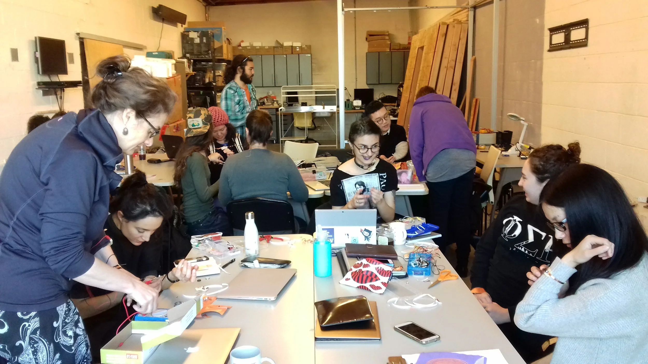 The workshop started off by engaging in fast prototyping with adhesive copper tape and LEDs to create simple 3V coin cell battery powered circuits on the body.